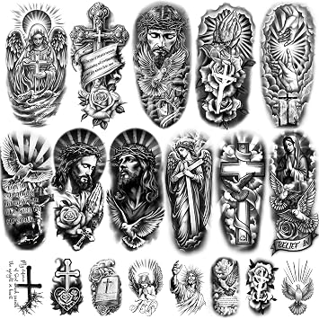 77 Sheets Christian Temporary Tattoo for Women Men, 17 Sheet Half Arm Religious Cross Jesus God Angels Fake Tattoos for Adult Arm Chest, 60 Sheet Christ Tiny Realistic Tattoos Stickers for Kids