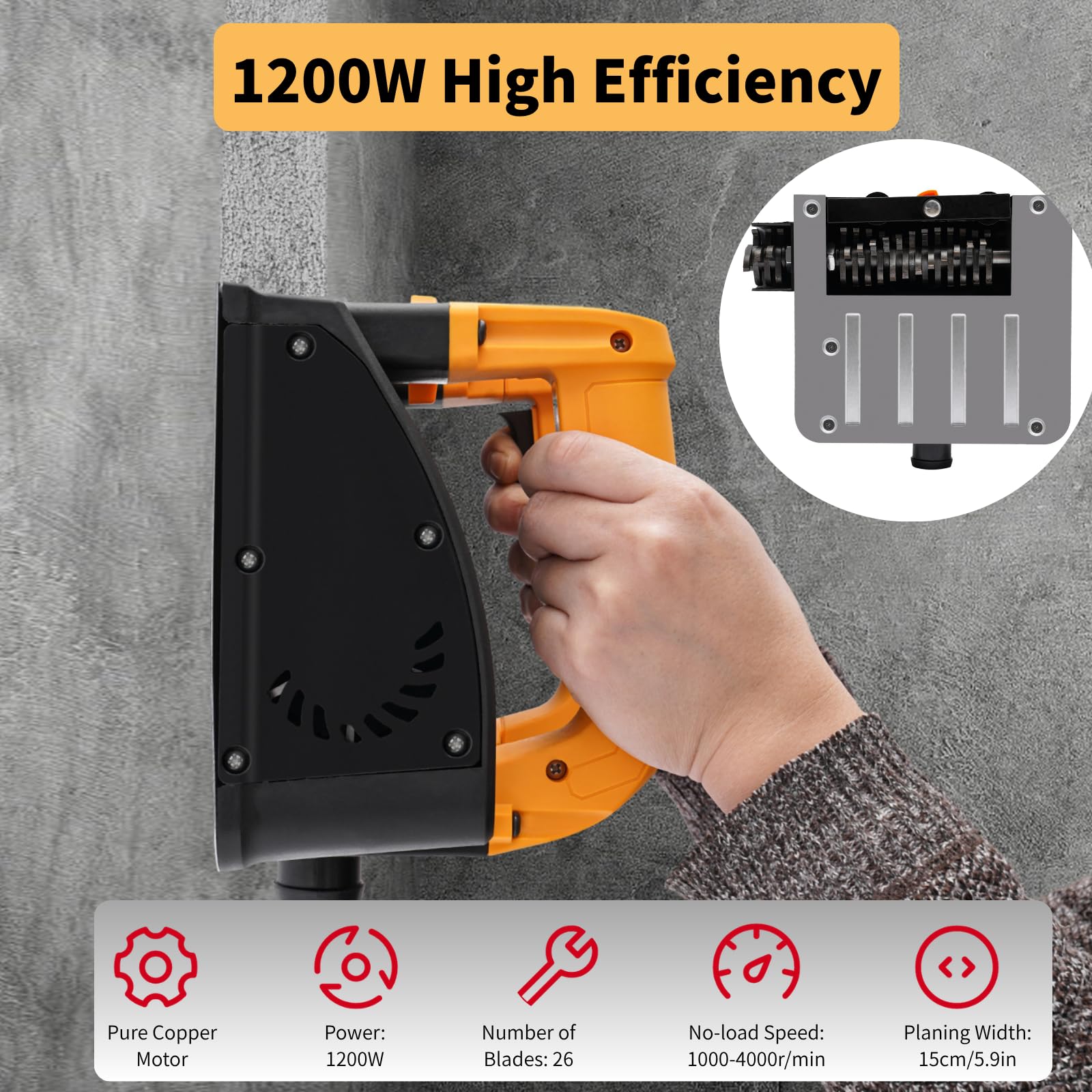 Fraise à béton électrique 1200 W, 1000-4000 tr/min, fraiseuse de nettoyage portable, avec 26 lames, profondeur de rabotage de 1 à 4 mm, largeur 15 cm, raboteuse murale, profondeur réglable