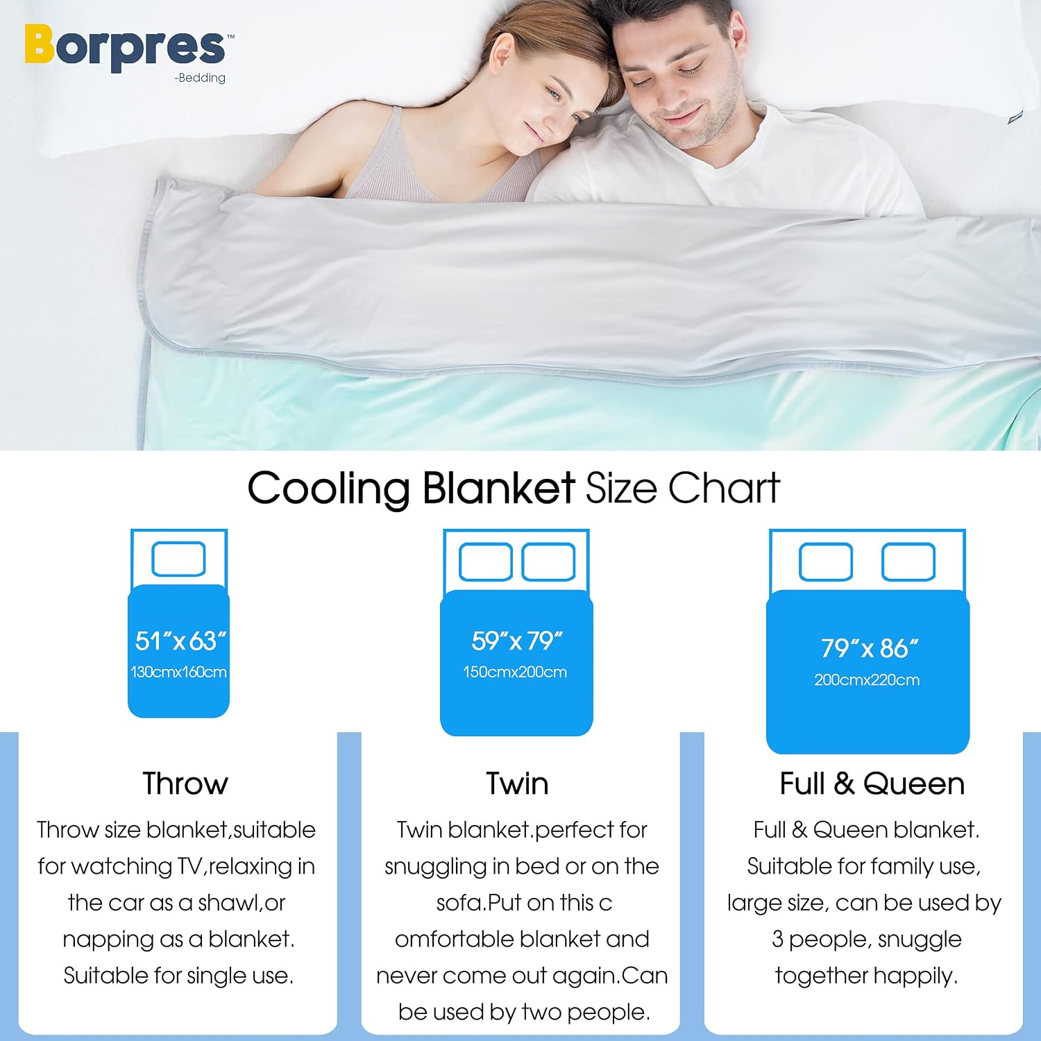BORPRES Cooling Blanket,Japanese Chill-Plus Tech,Q-MAX>0.43 Cooling Fiber, Absorbs Heat Keep Cool,Double Sided Design,Idea for Hot Sleeper Night Sweats All Seasons,Small（51“×63”）,Baby Blue