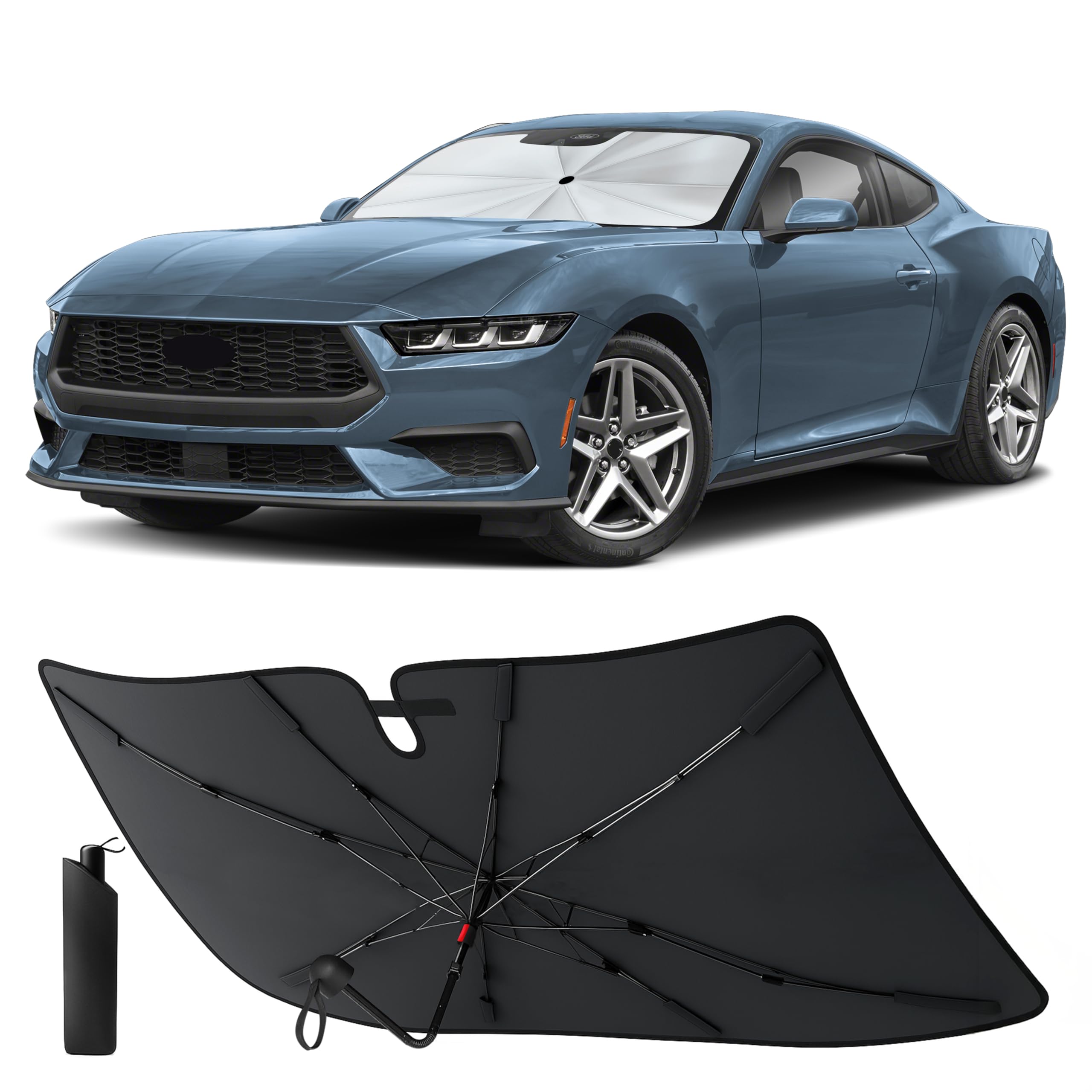 EcoNour Umbrella Windshield Sun Shade for Ford Mustang 2015–2026 | Foldable Front Windshield Sunshade with 8-Rib Frame | 280T UV Protection Car Sun Visor Heat Shield Interior Protector Fit for Ford Mustang 2015-2026