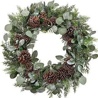 Briful Artificial Christmas Wreath 24 Inch Large Front Door Wreath with Glittering Eucalyptus Green Leaves Pine Branches Pine Cones for Home Room Mantle Wall Window Xmas Indoor Outdoor Decor