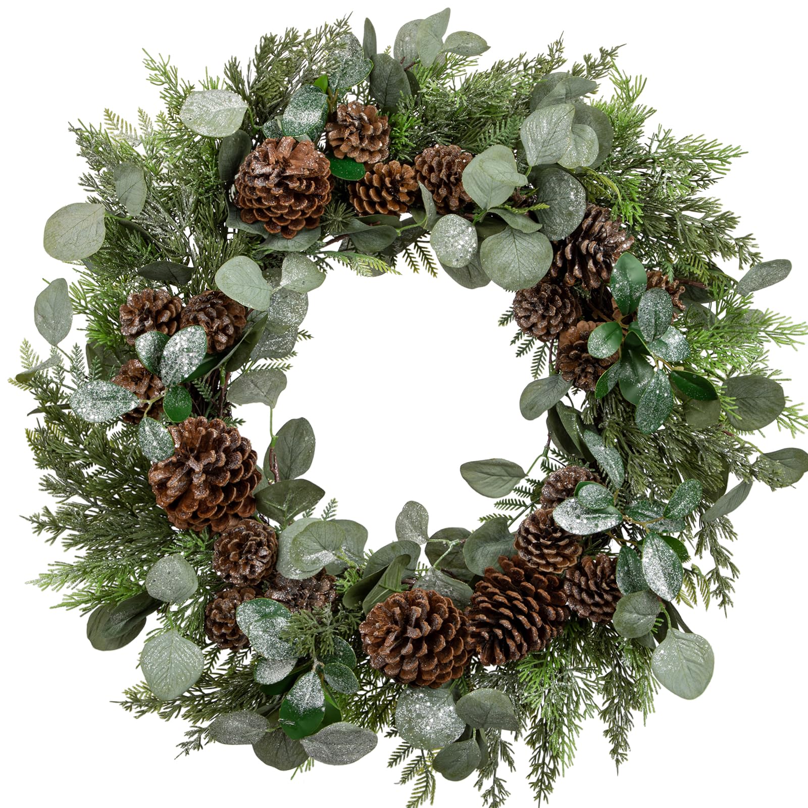 Oairse Corona de Navidad artificial de 24 pulgadas, corona grande para puerta delantera con hojas verdes de eucalipto brillante, ramas de pino, conos de pino para el hogar, habitación, chimenea, pared