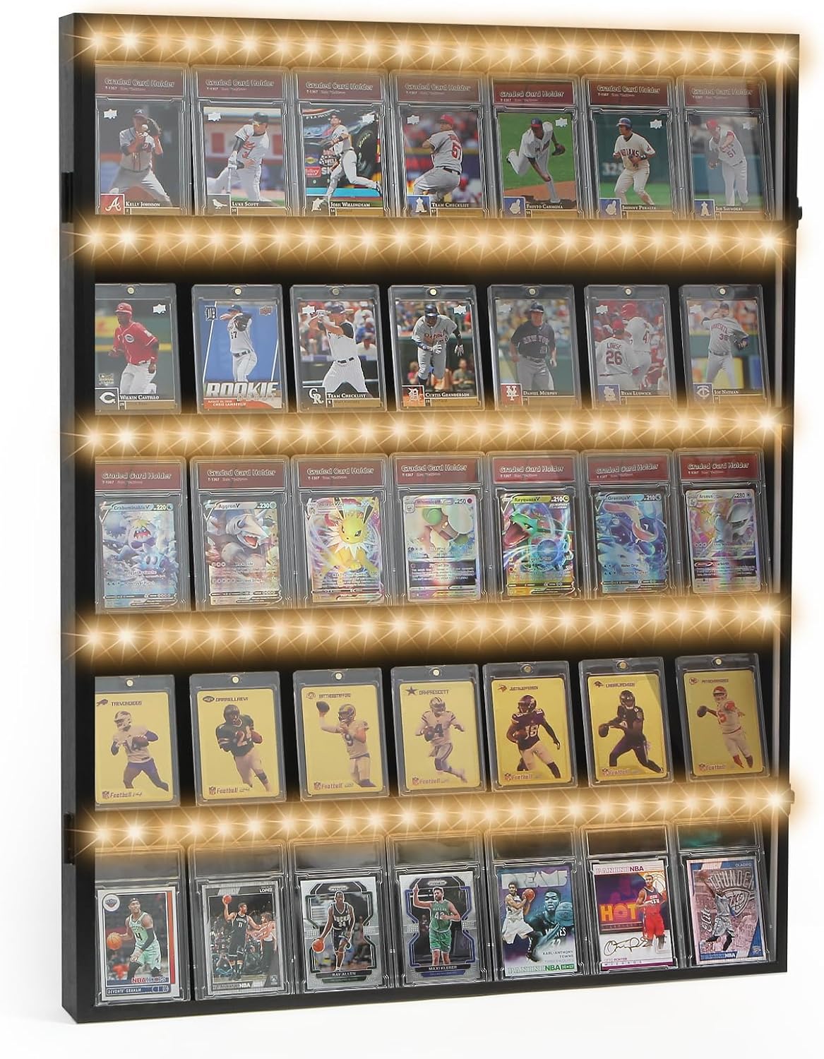 LED Baseball Card Display Case, Graded Sports Card Display Wall Cabinet for Trading Cards, PSA Card Display for Baseball, Football, Basketball, and Hockey Collectors