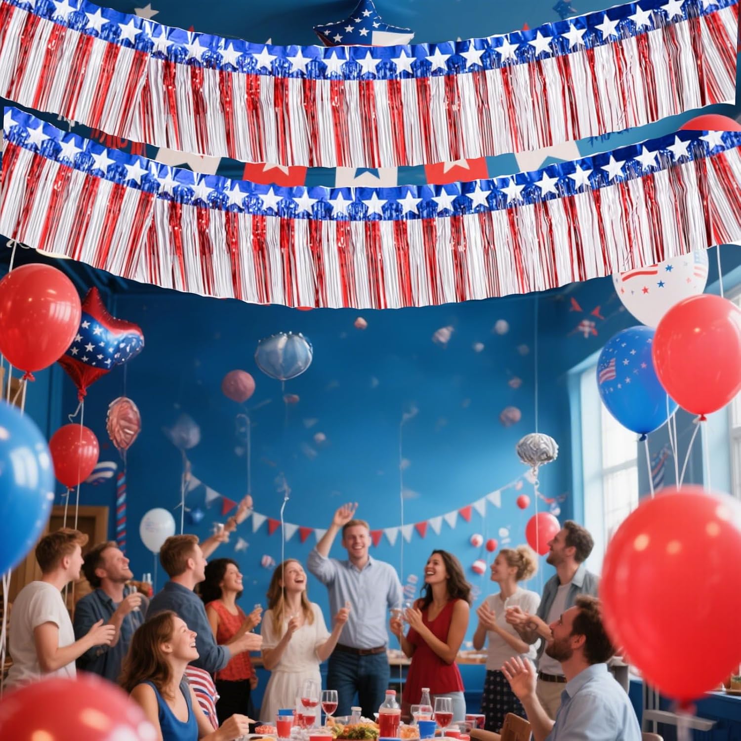 6 Pack 6.6 Feet Red Blue White Foil Fringe Garland Streamers，Red White Blue Star Metallic Hanging Backdrop Banner Table Skirts for 4th of July Decorations Memorial Day Patriotic Party Parade Floats
