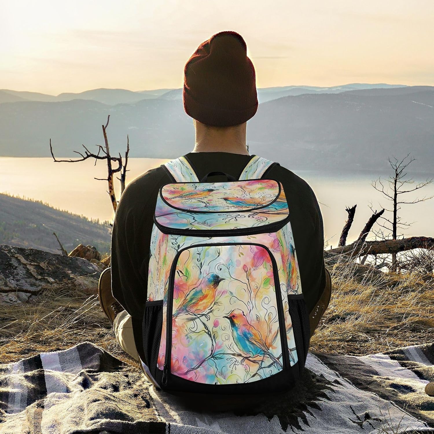 Watercolor Birds Cooler Backpack 36 Cans Leakproof Waterproof Backpack Cooler Bag Beach Accessories Travel Camping Fishing Backpack for Women Men