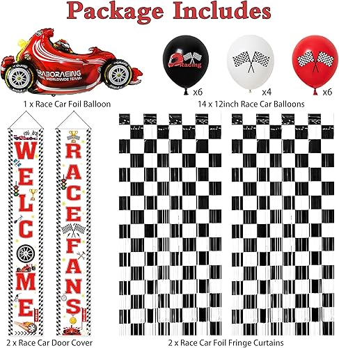 Miniatura 2 de Crenics Decoraciones de fiesta de cumpleaños de coche de carreras, 2 cortinas de flecos de aluminio, banderas a cuadros, camino de pista
