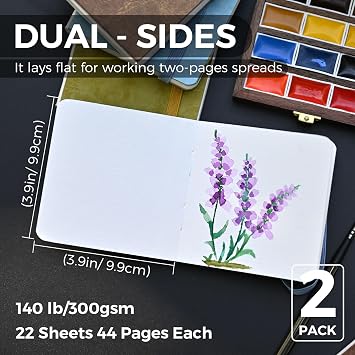 Funto Watercolor Journal 2-Pack, 3.9x3.9, 44 Pages Each,Hot-Pressed 100% Cotton, PU Leather Green Hard Cover, Art Supplies for Mixed Media
