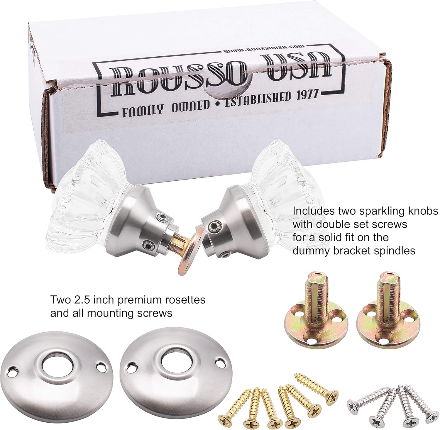 Rousso's Reproductions Crystal Antique Replica Surface Mount Dummy French Door Knob Set for One Side of Two Doors or Both Sides of One Door Also for Decorating Ideas with Faux Knobs (Satin Nickel)