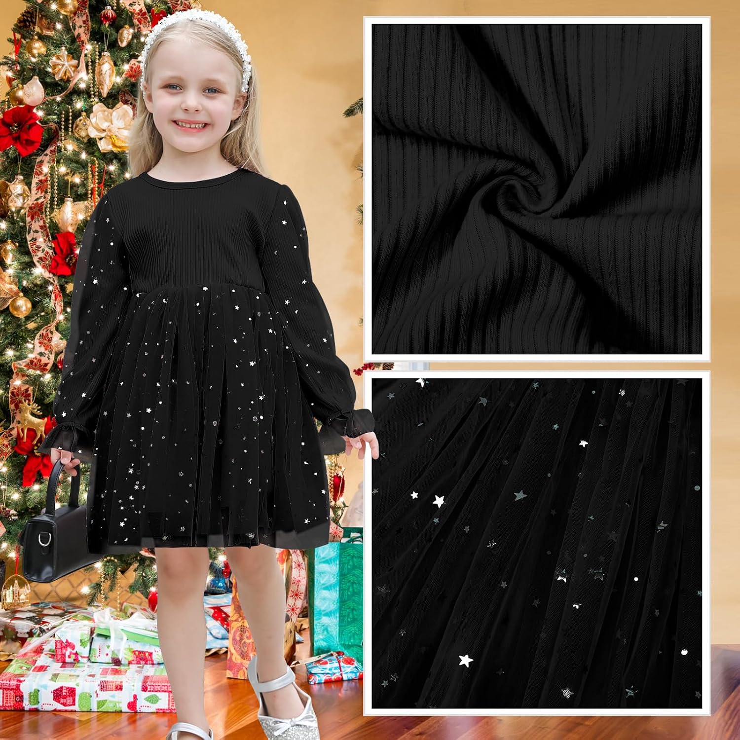 Toddler Baby Girls Tutu Dress Long Sleeve Star Glitters Tulle Gown Sequin Winter Baby Party Special Occasion Dress