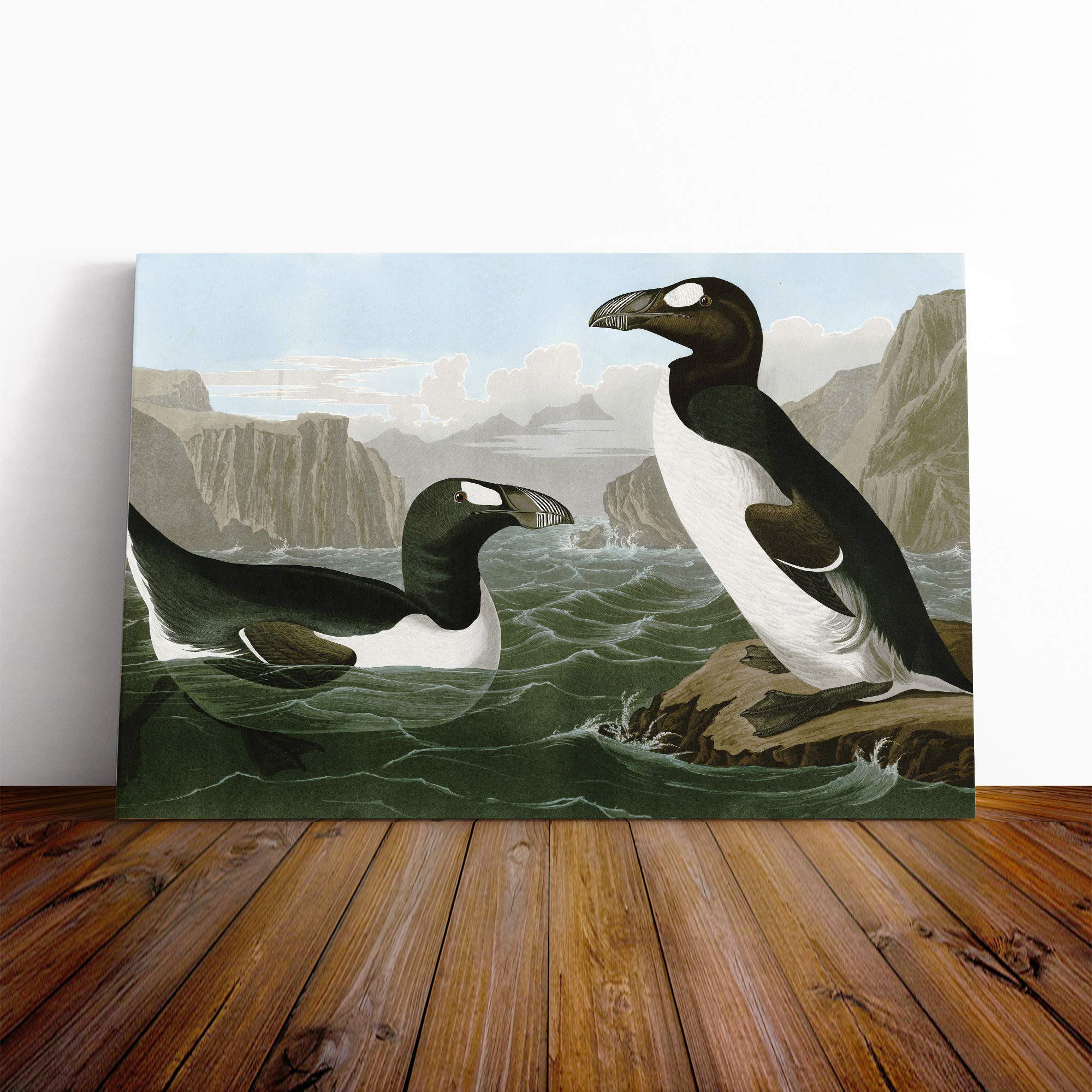 John James Audubon Penguins Canvas Print | Gallery Wrapped 30mm Frame Wall Art | 24x16 inches | Ready to Hang | Modern Bird Picture | Living Room Bedroom Lounge Office