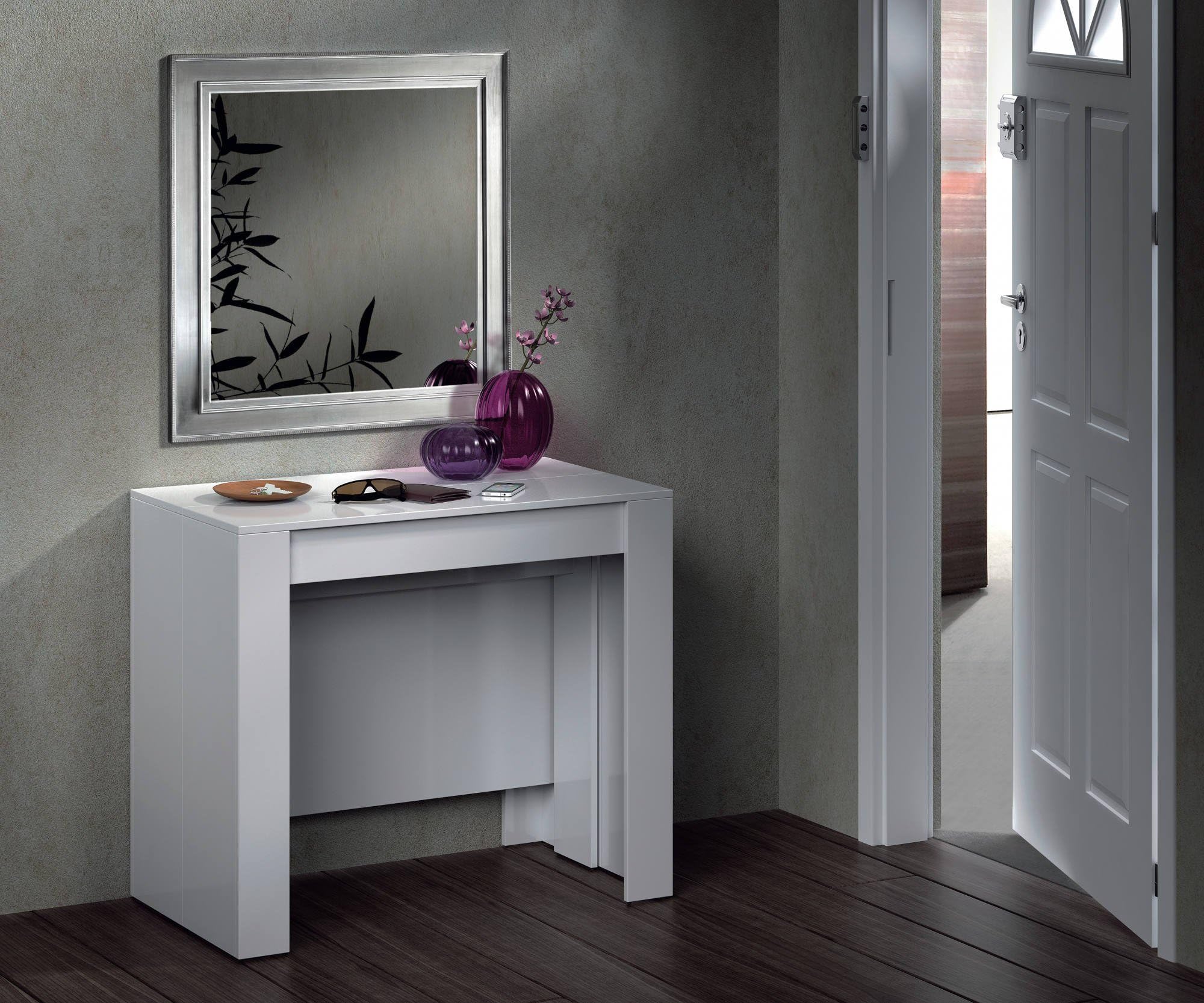 Dmora - Consolle Compton, Tavolo da pranzo allungabile, Tavolo con allunghe multiuso estensibile fino a 10 posti, 51/237x90h78 cm, Bianco Lucido
