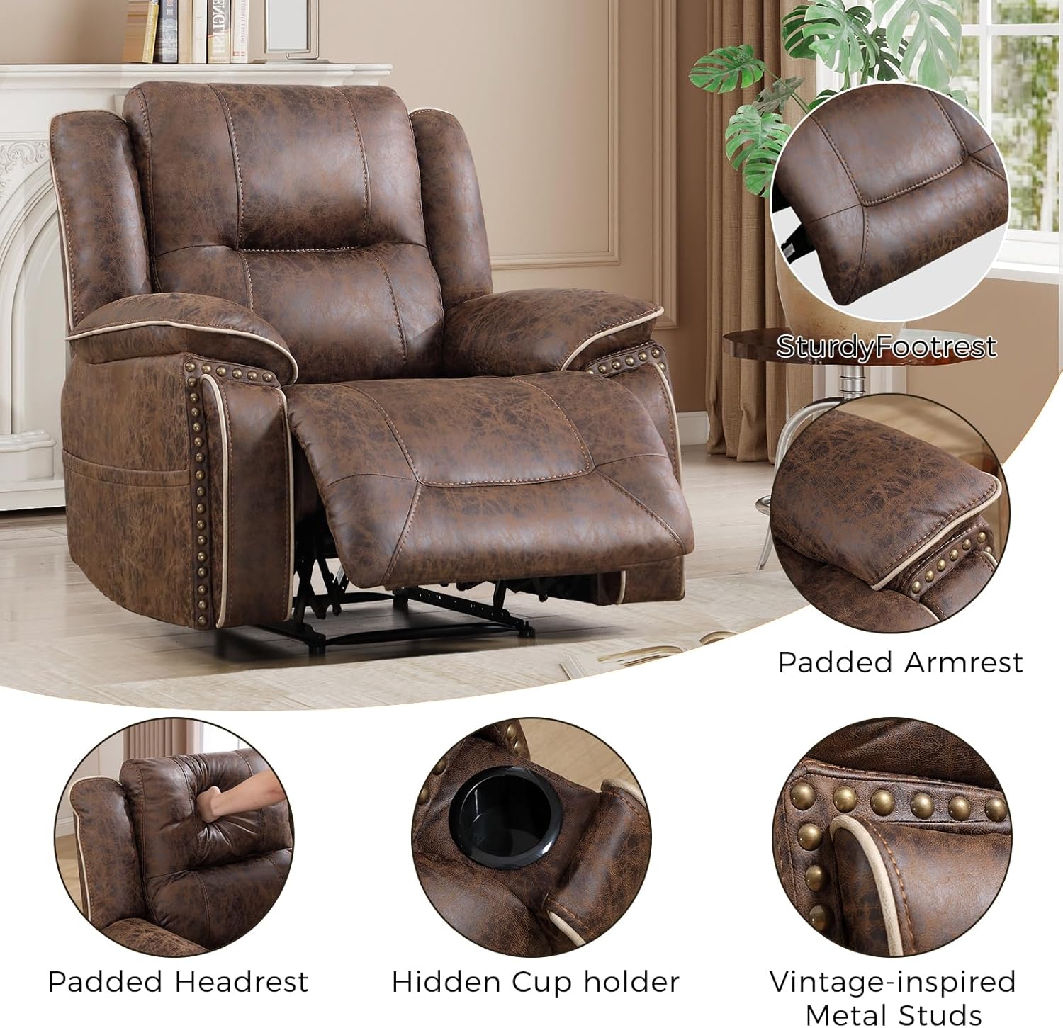 CANMOV Manual Recliner Chair Set, Faux Leather Recliner Living Room Furniture Sets, 1 Seater Reclining Sofa Chair with Hidden Storage and Cup Holders and Storage Pockets, Brown