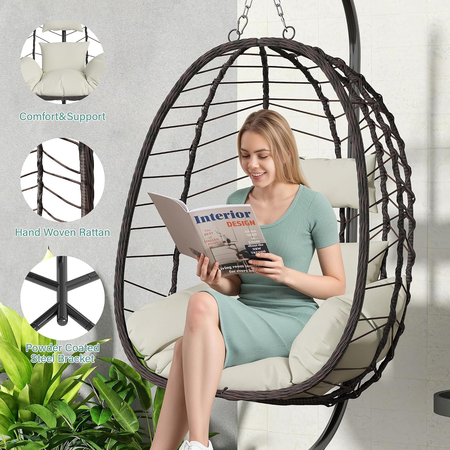 Egg Chair with Stand, Patio Wicker Hanging Chair, Hammock Swing Chair, 350LBS Capacity for Bedroom, Balcony(BR-BE)