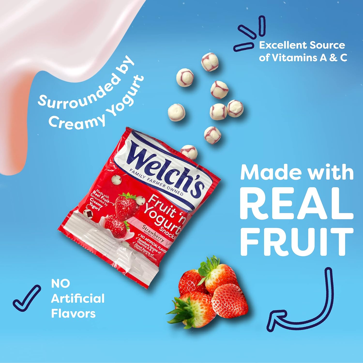 Welch's Fruit Snacks, Fruit 'n Yogurt Variety Pack, Strawberry, Blueberry Acai, Mango Peach, Bulk Pack, Individual Single Serve 0.7 oz Bags (Pack of 42)