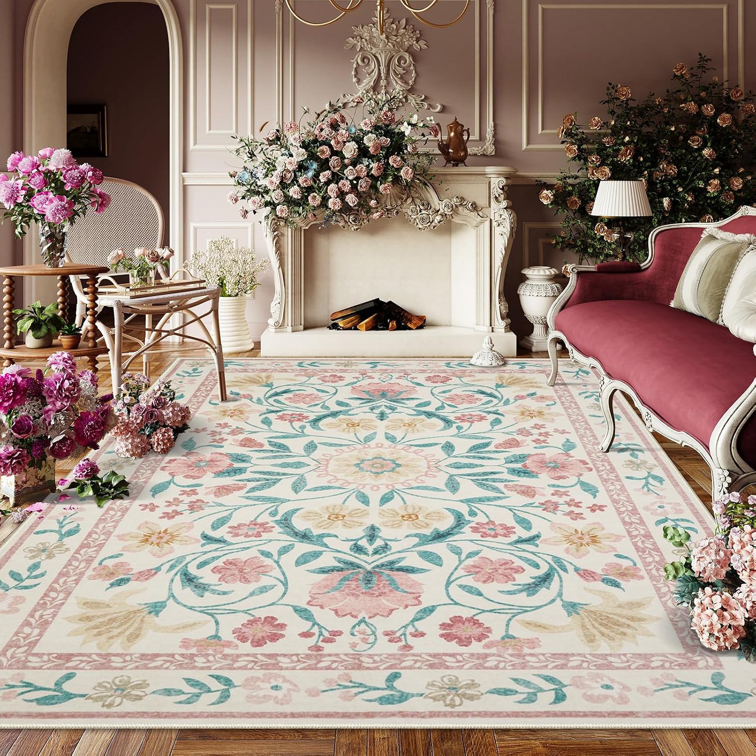 Lahome Floral Pink Rugs for Bedroom Girls, Boho Washable Area Rugs 8x10, Low Pile Soft Thin Nursery Carpet with Non-Skid Rubber Backing for Kids Room Dining Room(Light Pink 8x10)