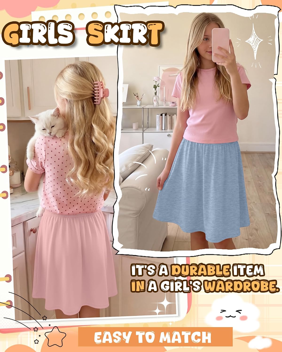 4 Pack Girls Knee Length Skirts Teen Summer Midi a Line Pleated Flowy Lightweight Skirts with Elastic Waist 5-16 Y