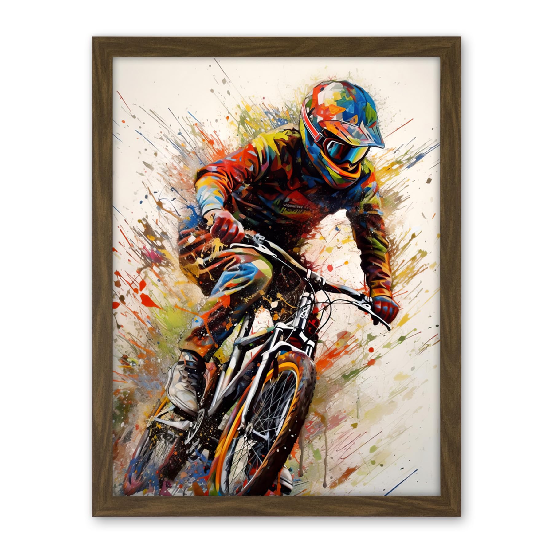 Artery8 Mountain Biker Portrait Splat Paint Action Shot Artwork Framed Wall Art Print 18X24 Inch