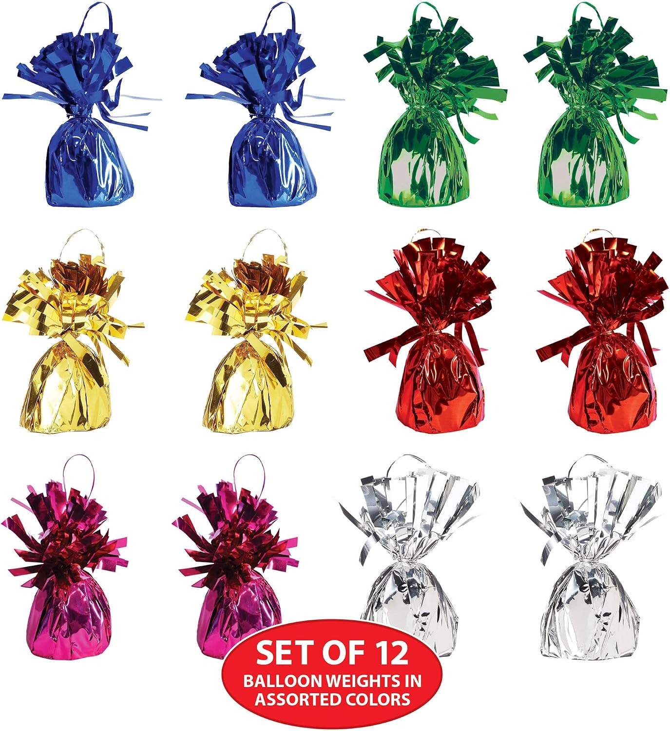 Beistle Metallic Wrapped Balloon Weights – 12 Pack, Assorted Color Centerpiece Bouquet Holders with Matching Wire Ribbon Loops, Party Décor for Birthdays, Events, and Celebrations, Colors Vary, 6 Oz