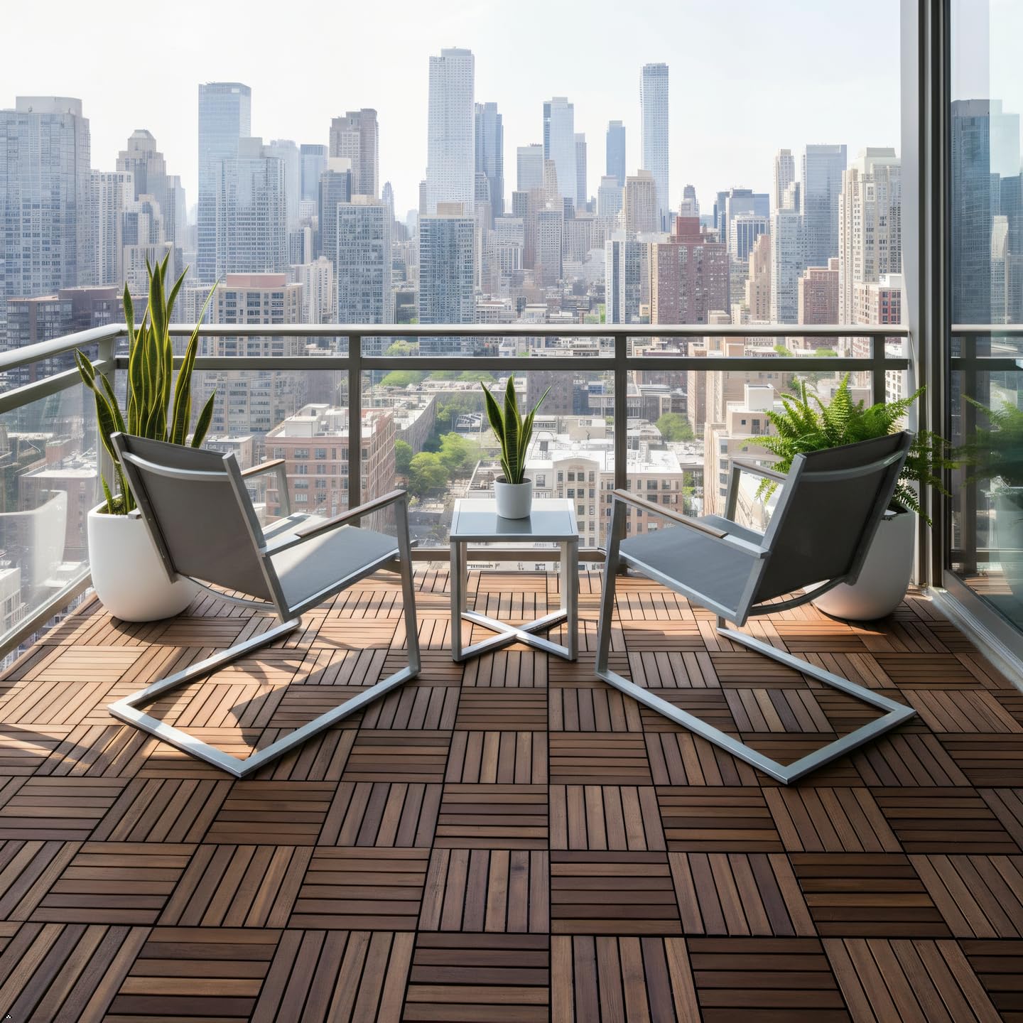 Interlocking Acacia Wood Deck Tiles, 9-Pack, 12 Slats, Waterproof Outdoor Flooring for Patio, Balcony, Garden – Natural Finish, 12.2" x 12.2" x 0.7"