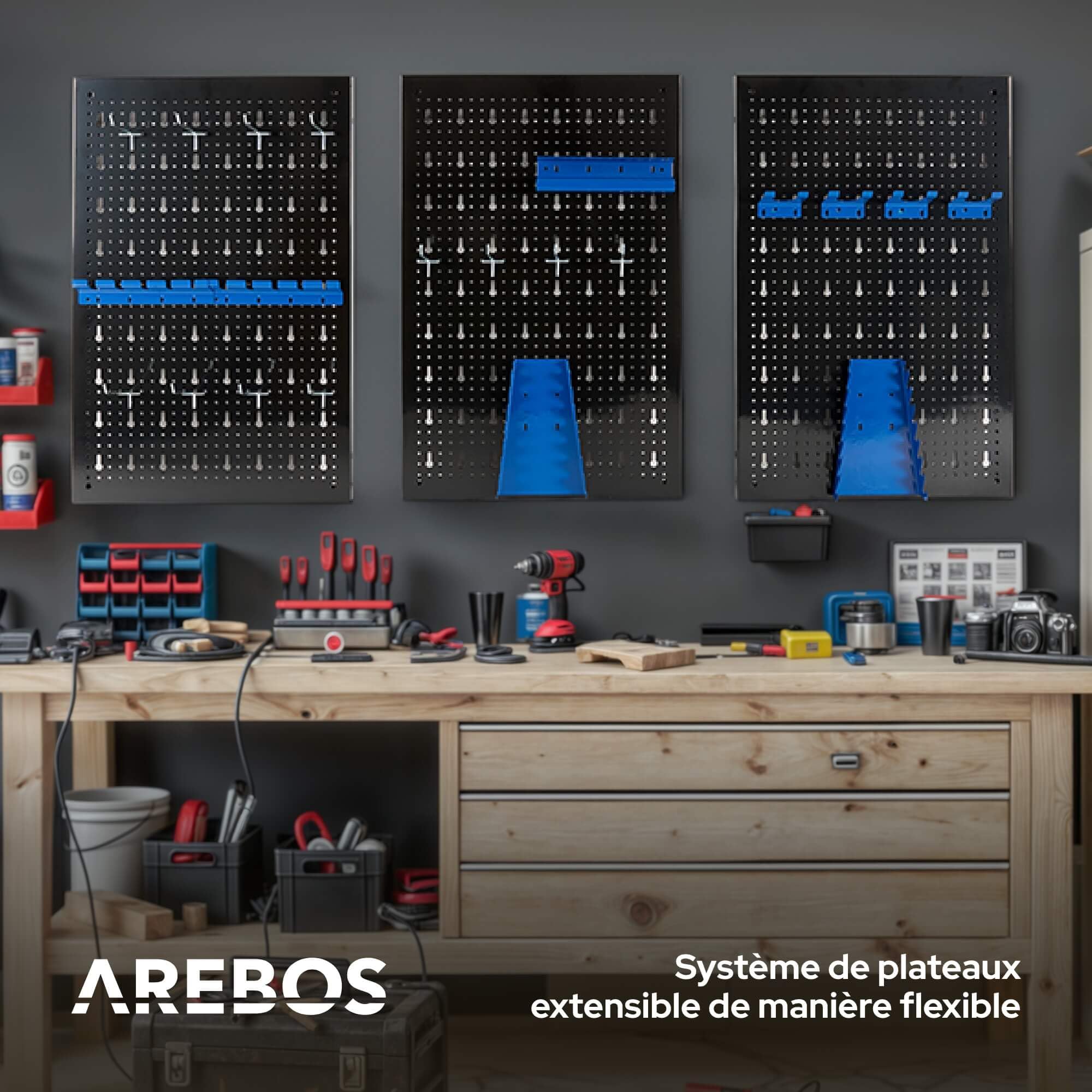 Arebos Paroi à outils en trois parties | Jeu de 17 crochets bleu | 117,6 x 59,5 x 2 cm | Paroi à outils perforée en métal + supports + matériel de montage