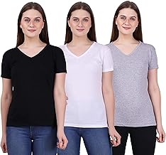 FLEXIMAA Women's Cotton Plain V Neck Half Sleeve Black Purple & Grey Melange Color T-Shirt Size - Pack of 3