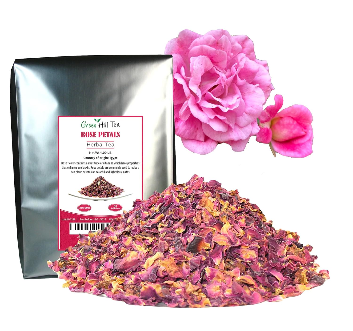 Greenhilltea Premium Dried Rose Petals Rose Tea - Edible Flowers for drinks, Baking, Desserts, Cocktails, Wedding Toss & Herbal Tea Infusions 1 LB