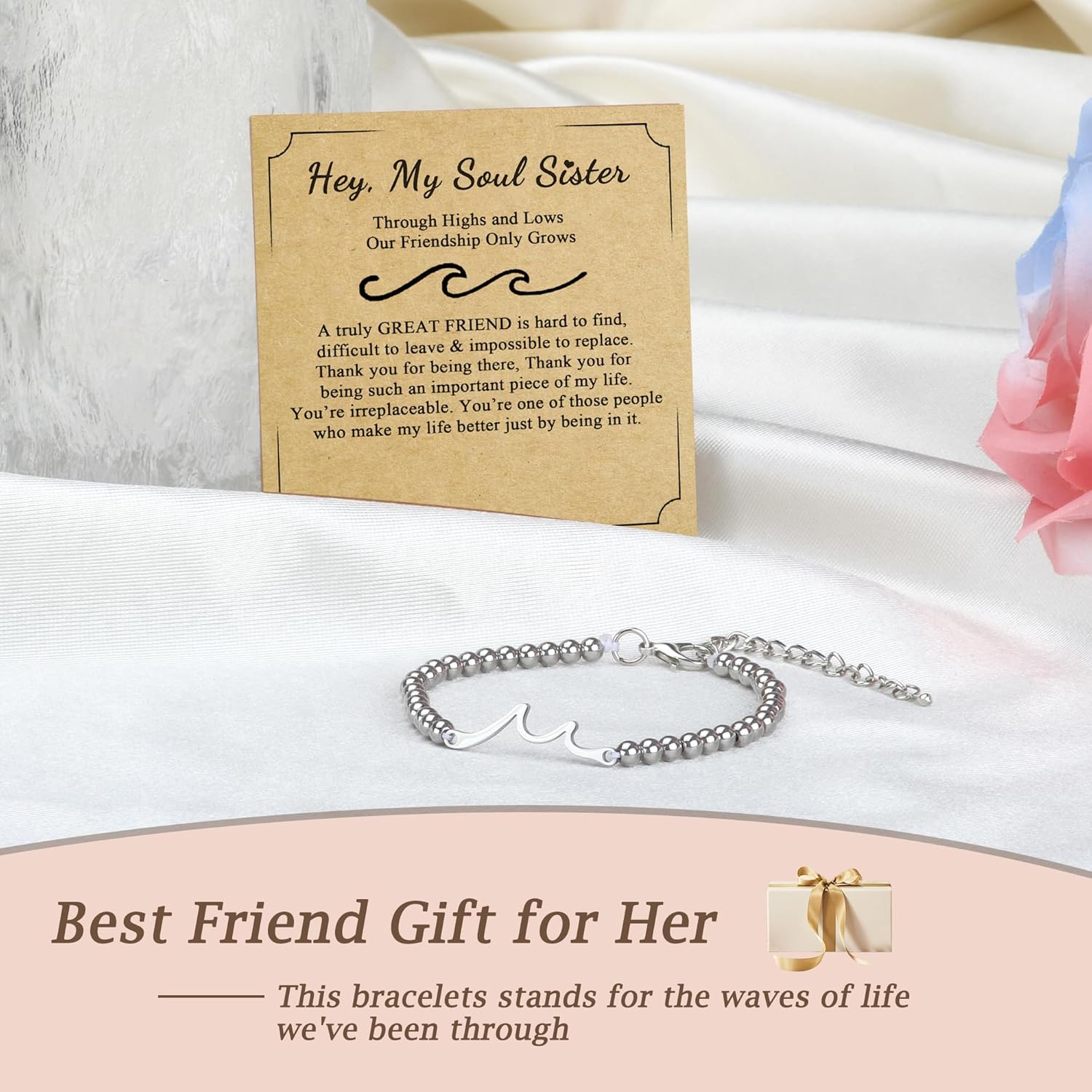 Gift for Friends - Wave Bracelet for Best Friend Bestie Soul Sister,The Waves of Life We've Through Together, Woman Friendship Gifts Idea for Christmas Valentines Day Birthday Gifts For Her - Image 4