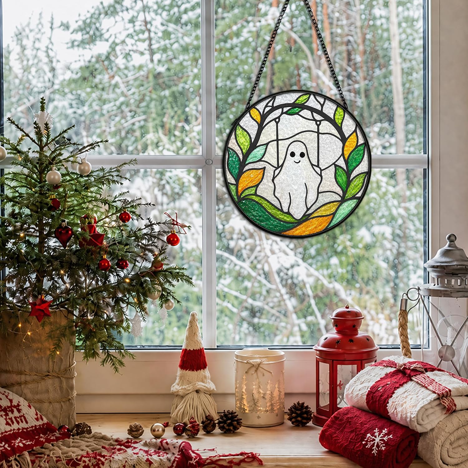Halloween Ghost Stained Glass Suncatcher Window Hanging Decor, Whimsical Spooky Ghost Sun Catchers Indoor Window Hanging, Forest Leaf Stained Glass Wall Art Decor, 7.9x7.9 in