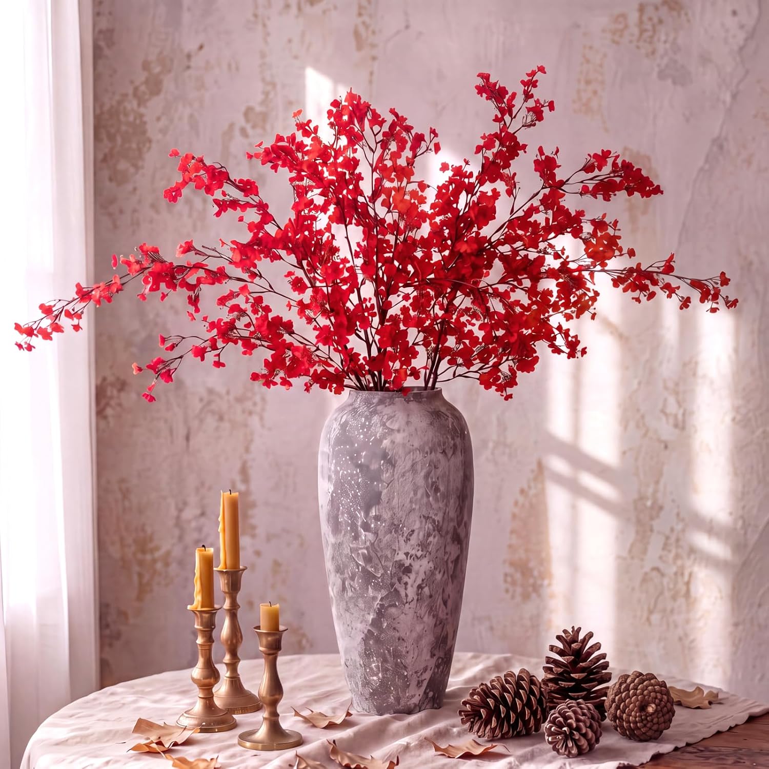 Suncalla 6 Pcs Red Artificial Baby's Breath Fall Flower for Home Decor