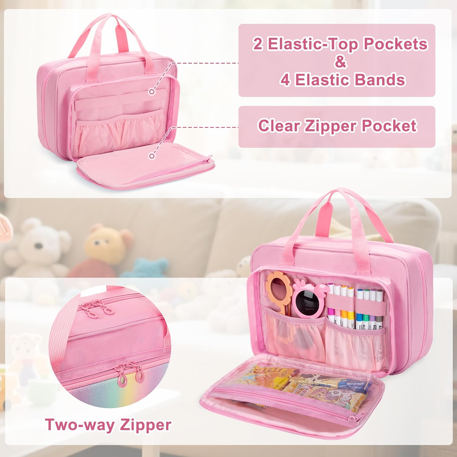 Kids Travel Toy Organizer with Hanging Hook, Storage Bags with Multi-compartments for Child’s Toys, Snack or Other Essentials, Water-resistant Toiletry Carrying Bag, Two Way Zipper, Pink (Bag Only)