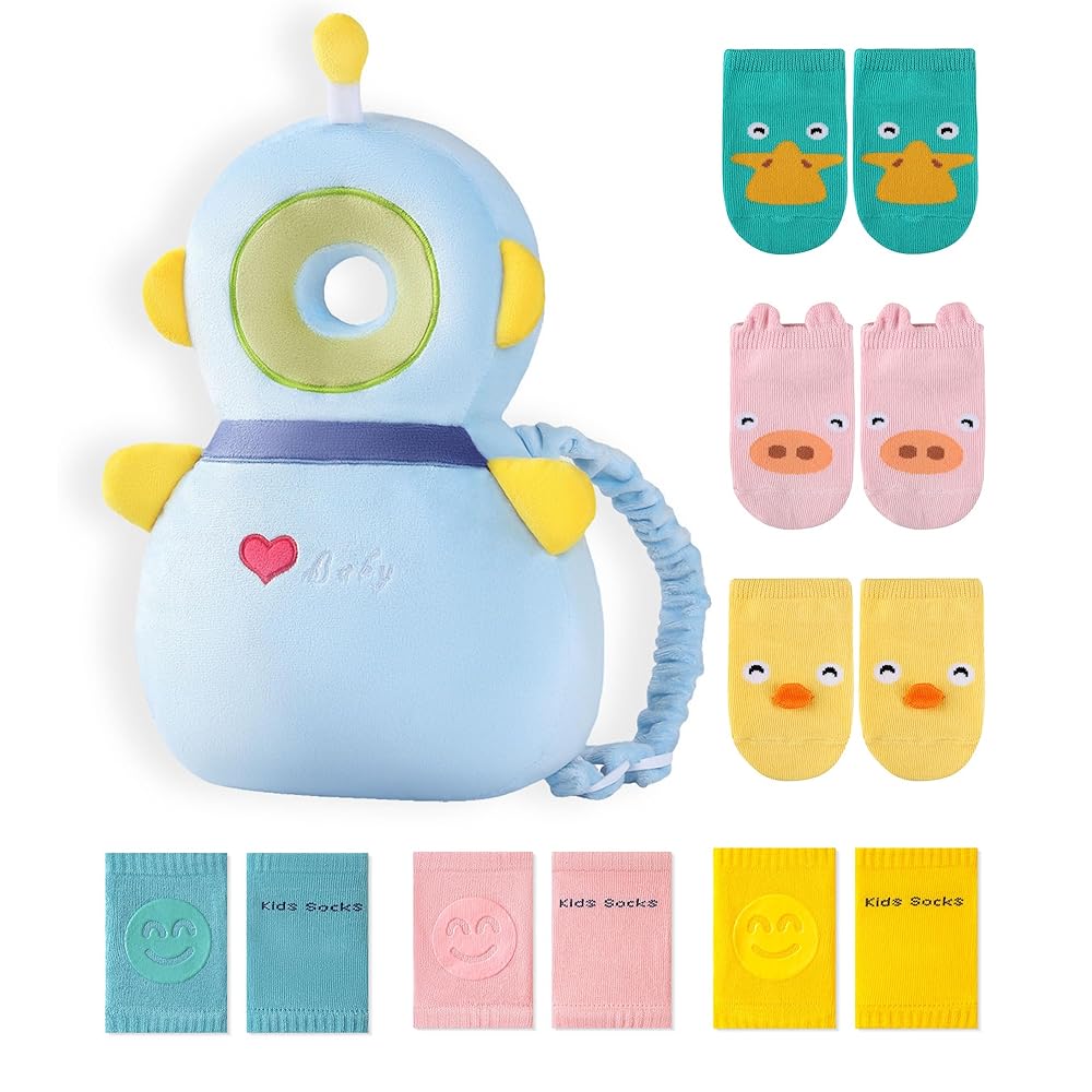 JunNeng Toddler Baby Head Protector Backpack for Toddler Walker with Knee Pads&Anti-Slip Socks, Robot Blue