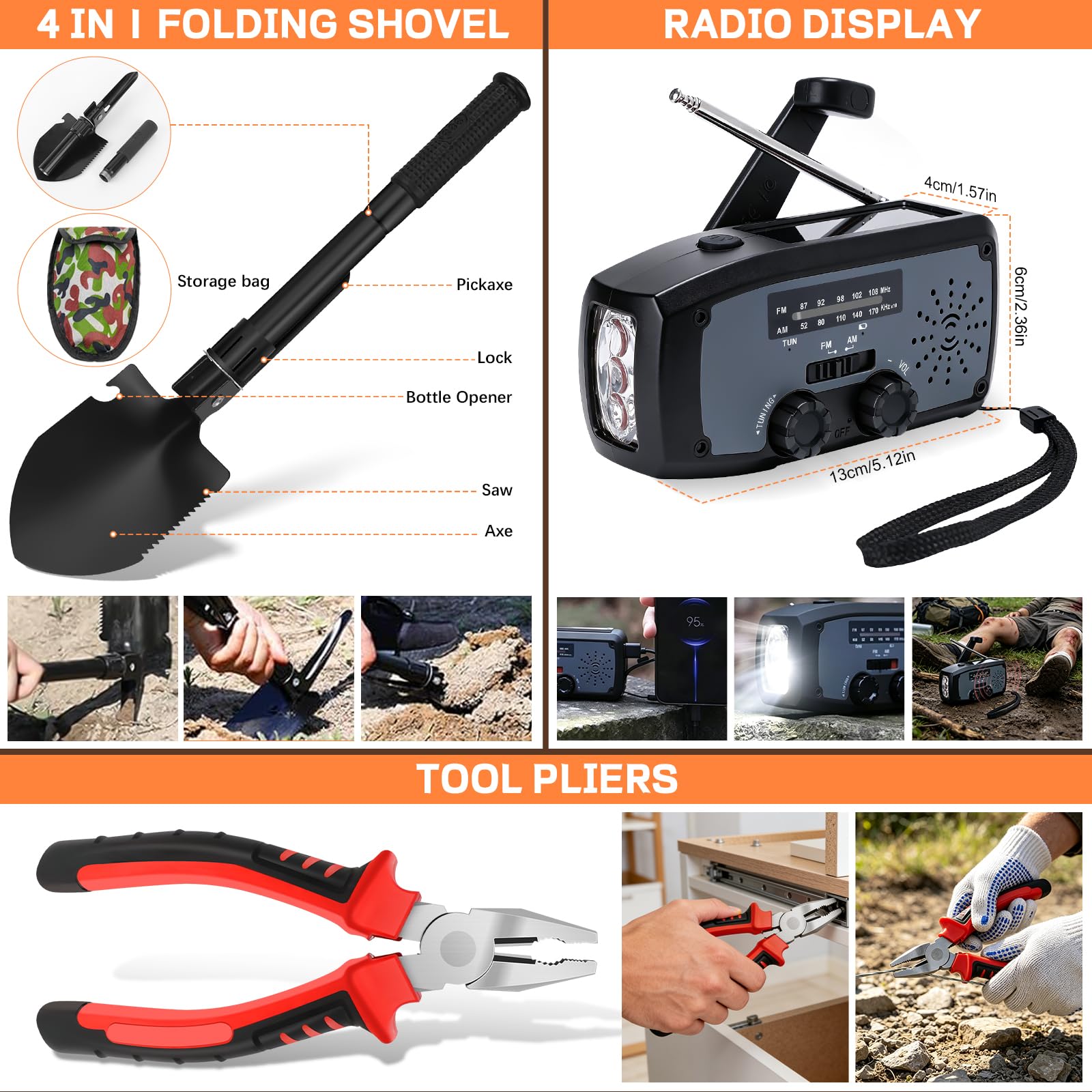 34 in 1 Kit di sopravvivenza per esterni, con radio, pinze, strumenti, bussola, torcia tattica per uomini, campeggio, avventura, escursioni all'aperto-85 pezzi