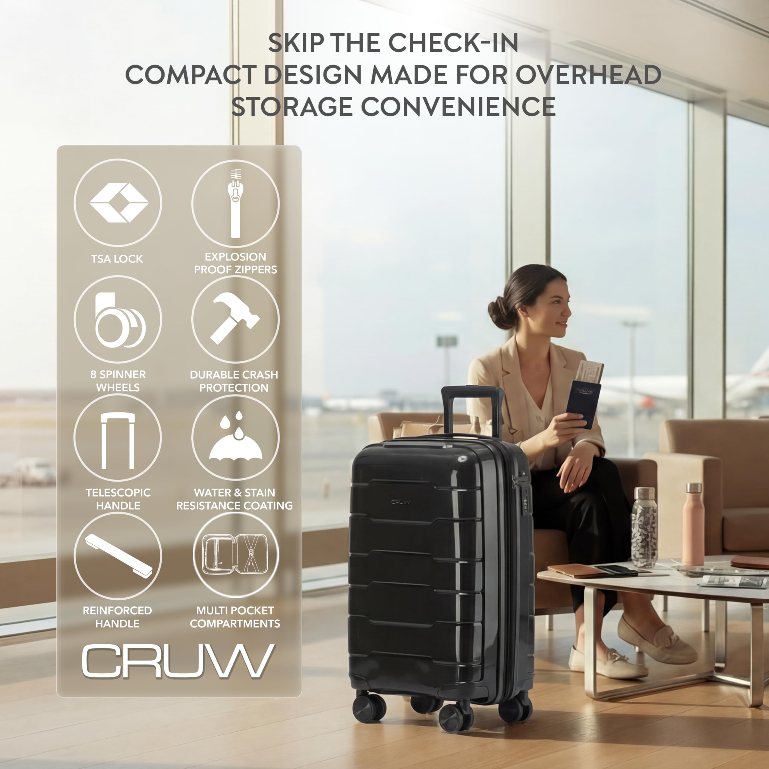 CRUW Hand Luggage, TSA Approved Lock, Silent Double Spinner Wheels Expandable Lightweight Suitcase – Bag Fits 56x45x25cm Overhead Carry On Limit for easyJet, BA, Jet2 & More – Black