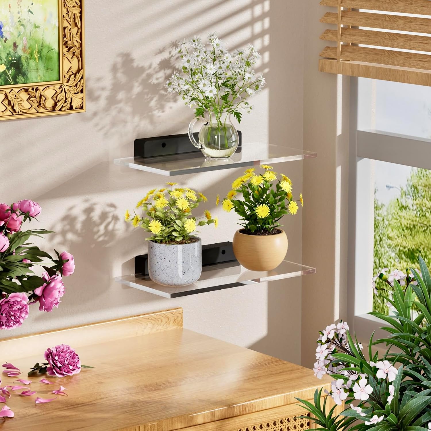QsQueen Acrylic Floating Shelves with Solid Wood Base, Wall Mounted Shelf for Plants, Perfume, Nail Polish, Bathroom, Bedroom & Living Room Décor