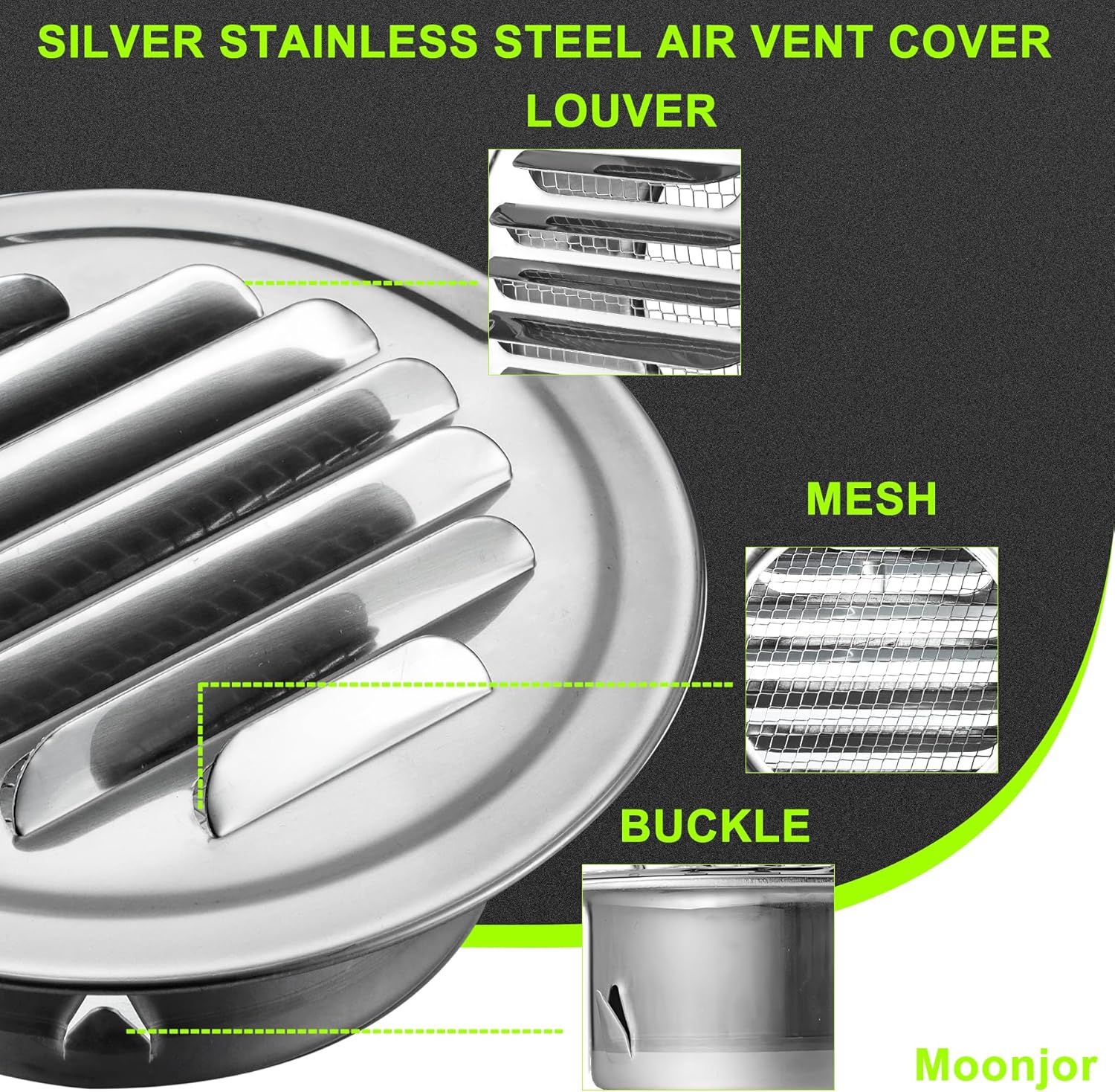 4inch Flat Stainless Steel Air Vents Cover, Louvered Grille Cover Vent Ducting Air Vent Wall Inlet with Mesh HVAC Grille for Bathroom, Kitchen, Basement Ventilation - 2PCS