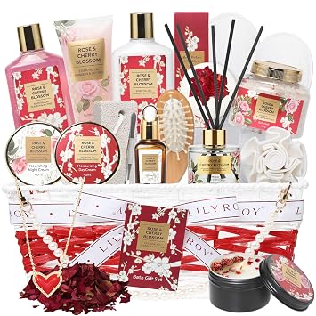 Gifts for Women - Rose Birthday Spa Gift Basket for Women, Bath and Body Gift Basket Sets for Mom, Skin Care Set for Women | Spa Kit, Gifts for Christmas, Valentines Day, Mothers Day Gift for Mom