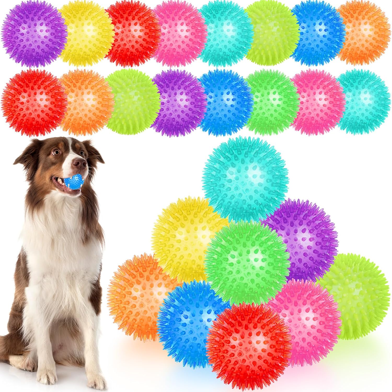 18 Pcs 3.5 in Squeaky Dog Toy Balls Dog Chew Toy for Teething Durable High Bounce TPR Fetch Spike Balls 9 Colors Water Toy for Small Medium Large Dog Aggressive Chewers Clean Teeth and Training