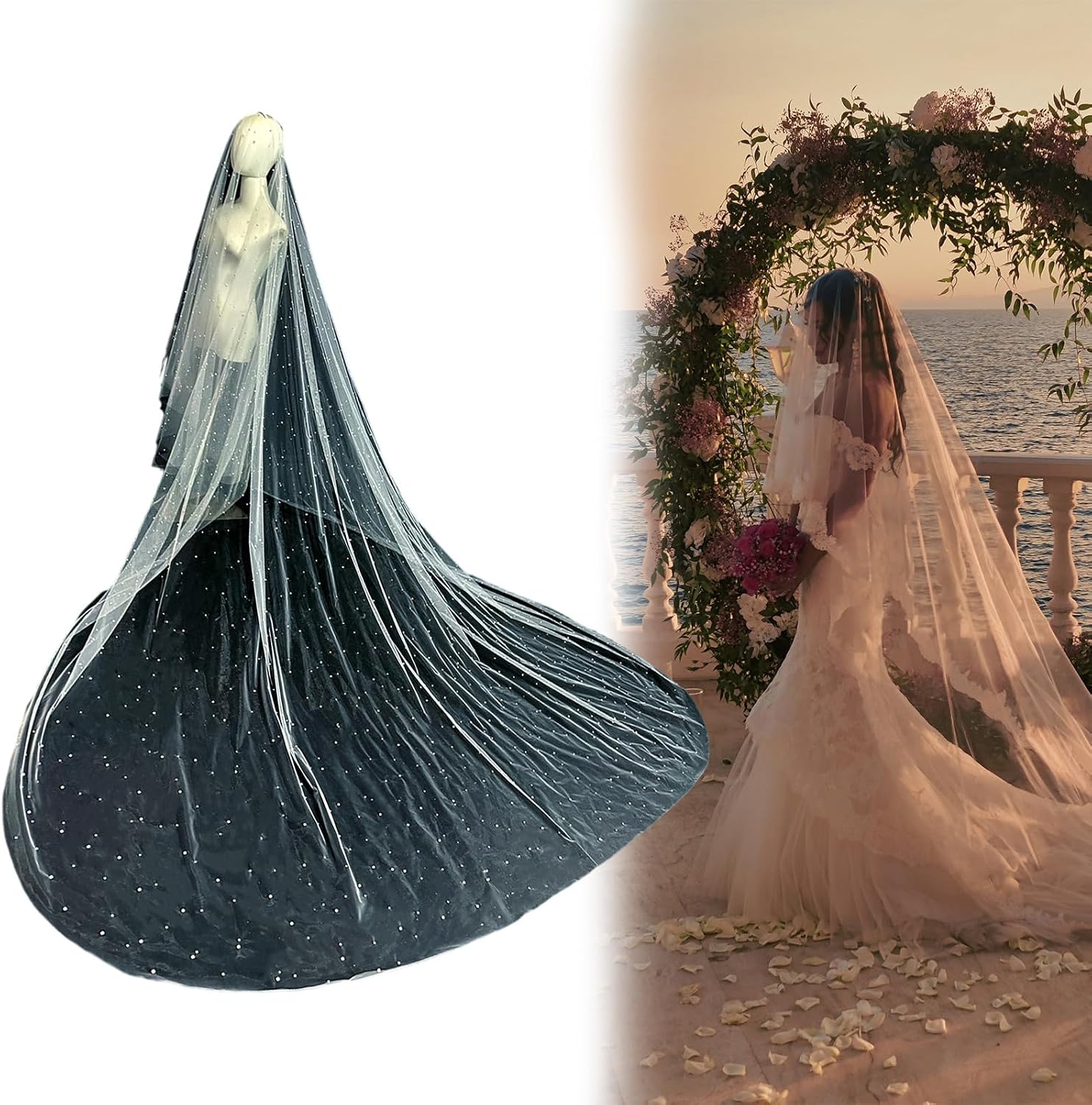 Bridal Long Tulle Veil with Pearls Accents Stage Veil for Wear Stage Veil