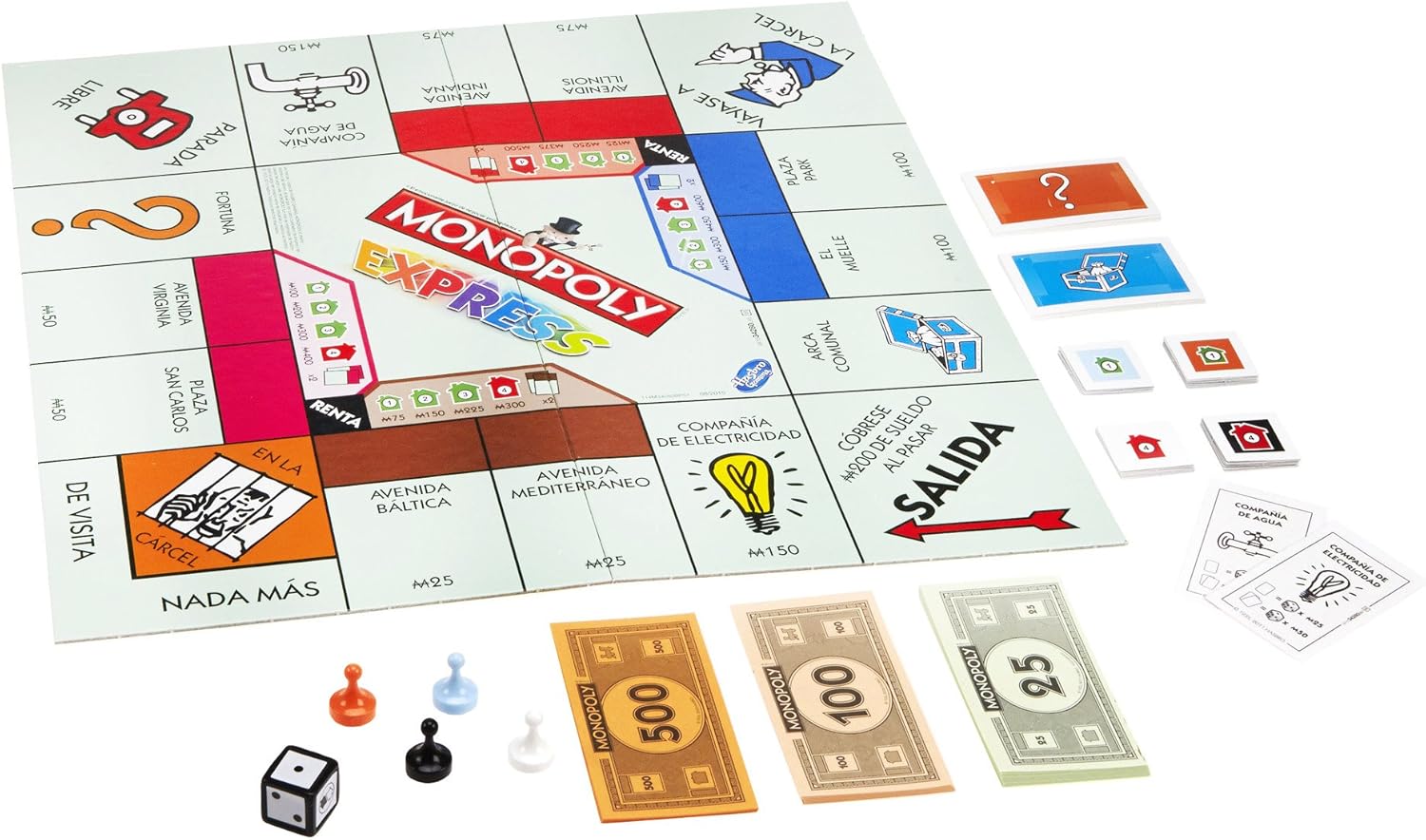 Monopoly Express game board set up with cards and money in place, ready for players to begin.