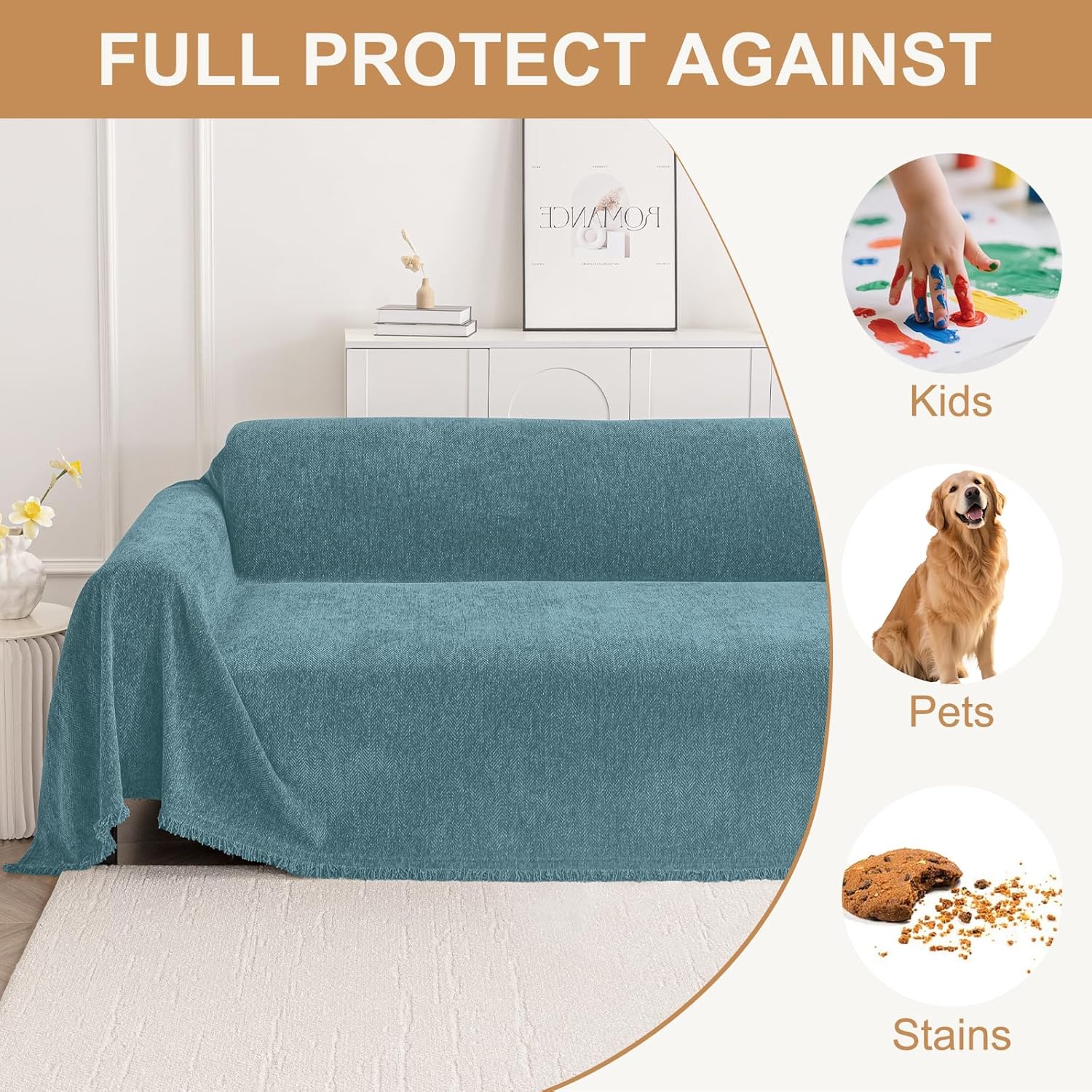 Smiry Couch Cover for Dogs, Washable Chenille Sofa Covers for 3 Cushion Couch, Soft Sofa Slipcover for Pets, Thick Sectional Furniture Protector with Tassels (Blue, 71x118 Inch)
