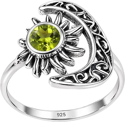 Crescent Moon And Sun Natural Peridot Round Faceted Gemstone 925 Sterling Silver Peridot Ring Jewelry for Good Luck Promise Ring Vintage Ring Birthday Gift Gift For Her