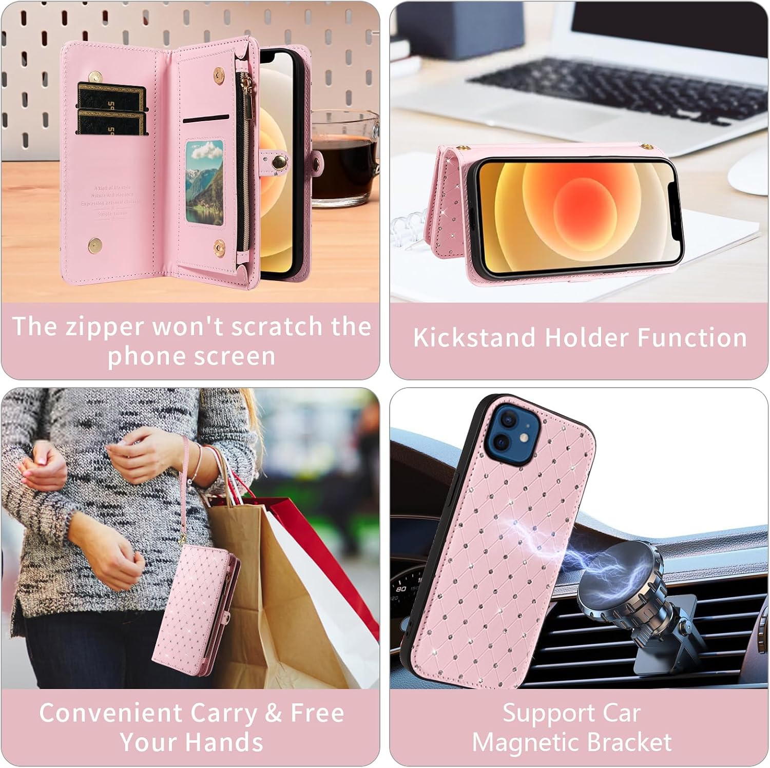 Phone Case for iPhone 12 Mini 5.4 Zipper Wallet Detachable Cell Cover and Screen Protector Crossbody Lanyard Strap Bling Glitter Flip Card Holder Slot iPhone12mini 5G i 12s iPhone12 12mini Women Pink image 5