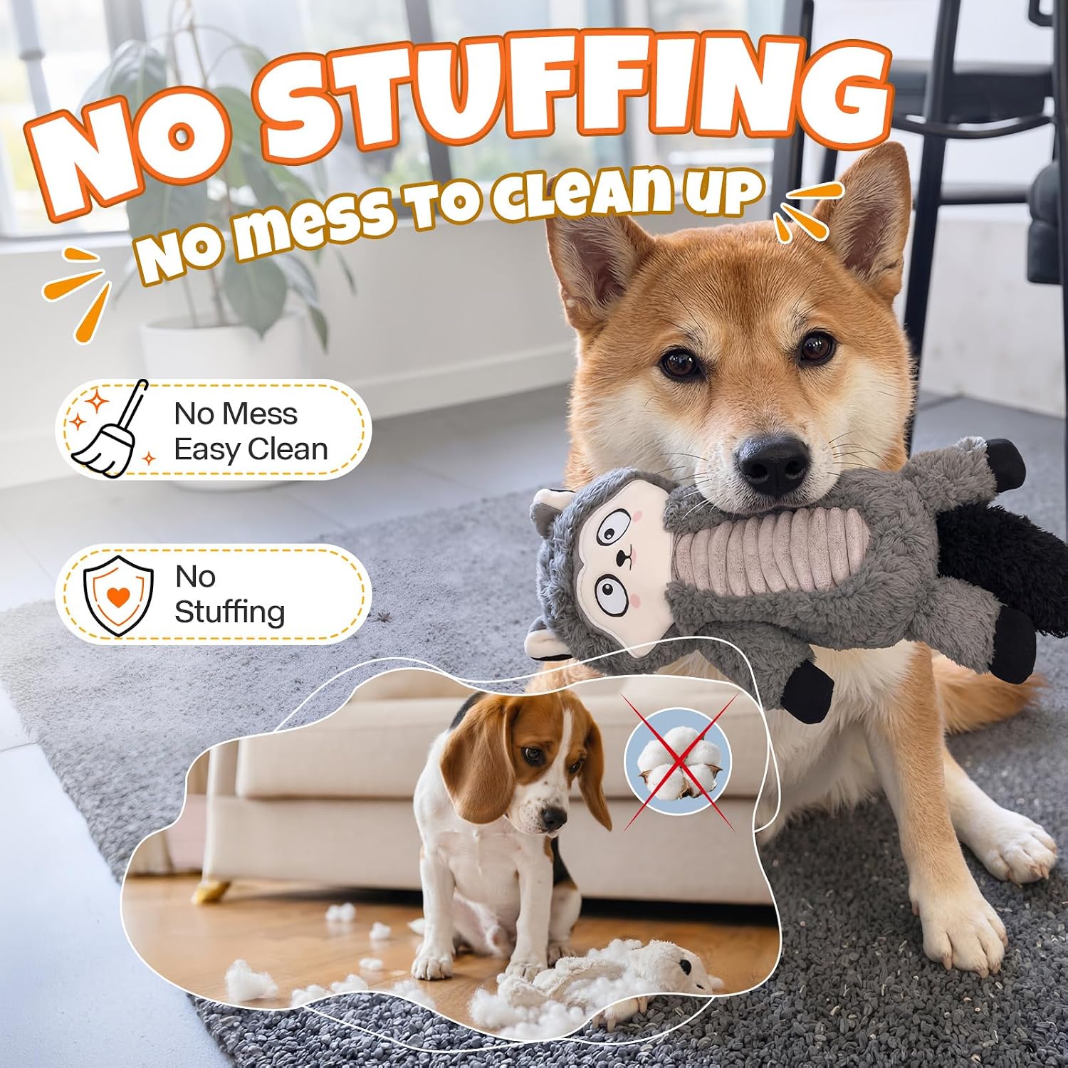 No Stuffing Dog Squeaky Toys for Small Dogs, 5 Pack No Mess Flat Crinkle Puppy Toys with Squeakers, Lightweight Plush Dog Toys for Toss, Fetch and Chew Play, 5 Animal Designs for Small Breeds