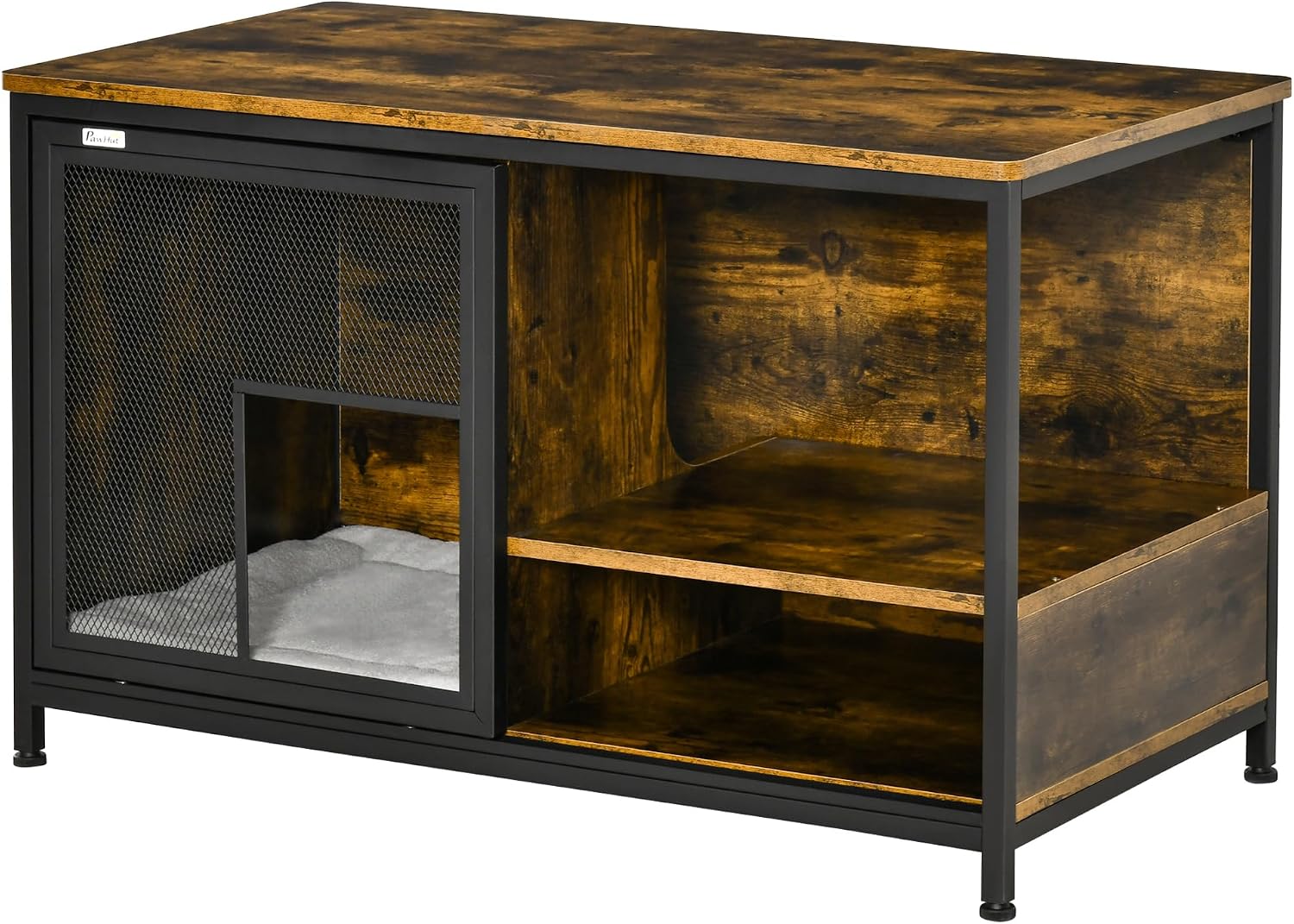 PawHut Wooden Cat Crate, Furniture Style Dog Cage, Puppy Kennel Indoor, End Table Pet House with Cushion and Sliding Doors, Rustic Brown