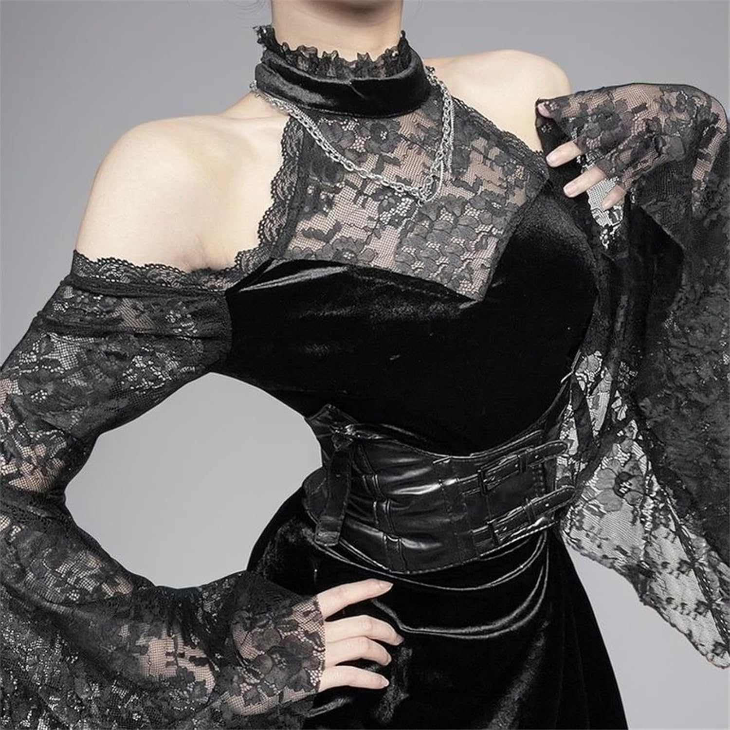 Goth Fairy Mini Dress Women Punk A Line Grunge Velvet Y2k Crew Neck Emo Lace