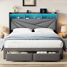 Full Size Bed Frame with Storage Headboard, Upholstered Full Bed Frame with LED Lights, USB Charging Station & 2 Storage Drawers, No Box Spring Needed, Light Grey