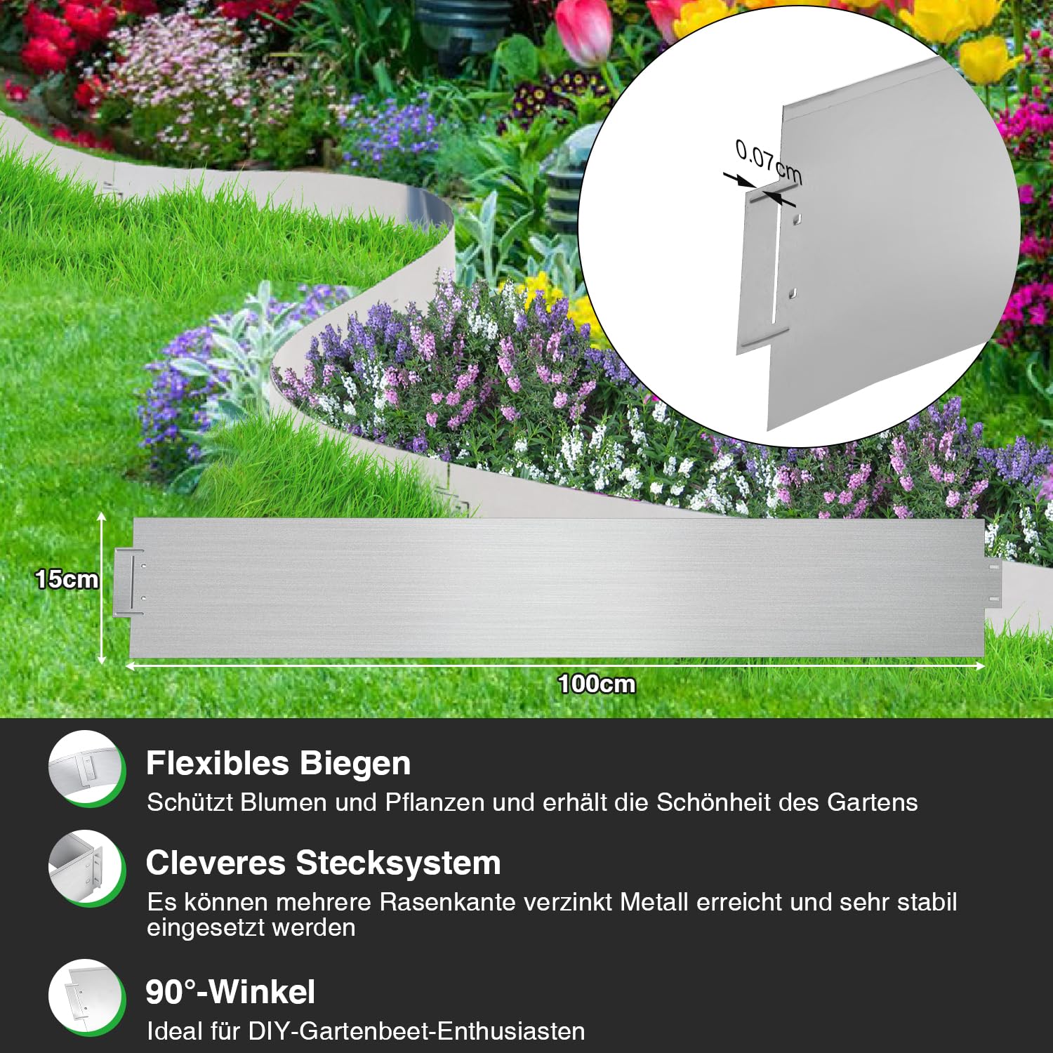 VANCHEMO Rasenkante Aus Verzinktem Stahl – Flexible Beetbegrenzung, 10 M X 18 Cm, Silber, UV- & Frostbeständig, Für Blumenbeete & Wege