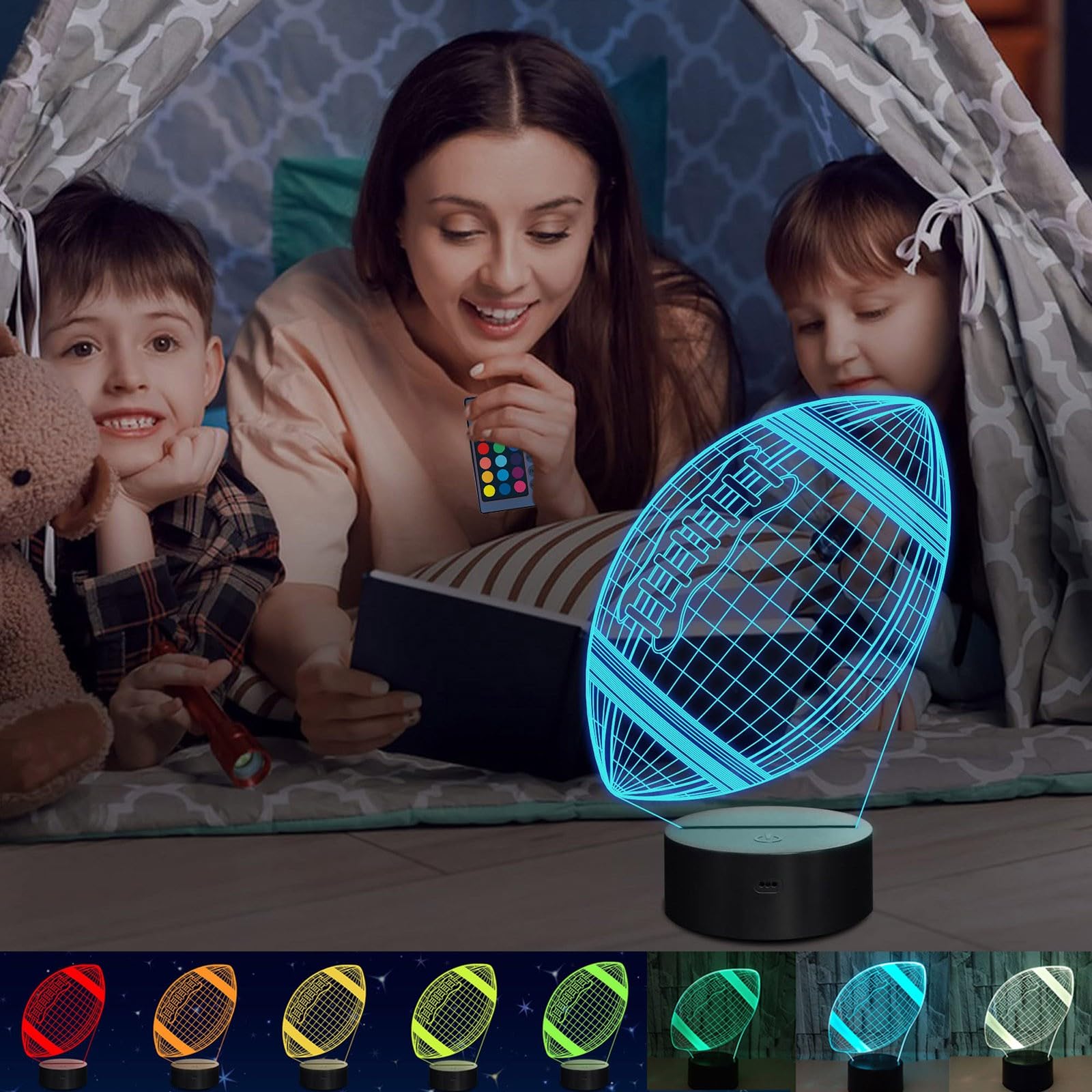 Plug in Night Lights Football Gifts Rugby Night Light Kids 3D Football Night Light Optical Rugby Lamp Colorful Changing Remote for Sport Fan Rechargeable Lamp (Blue, 1)