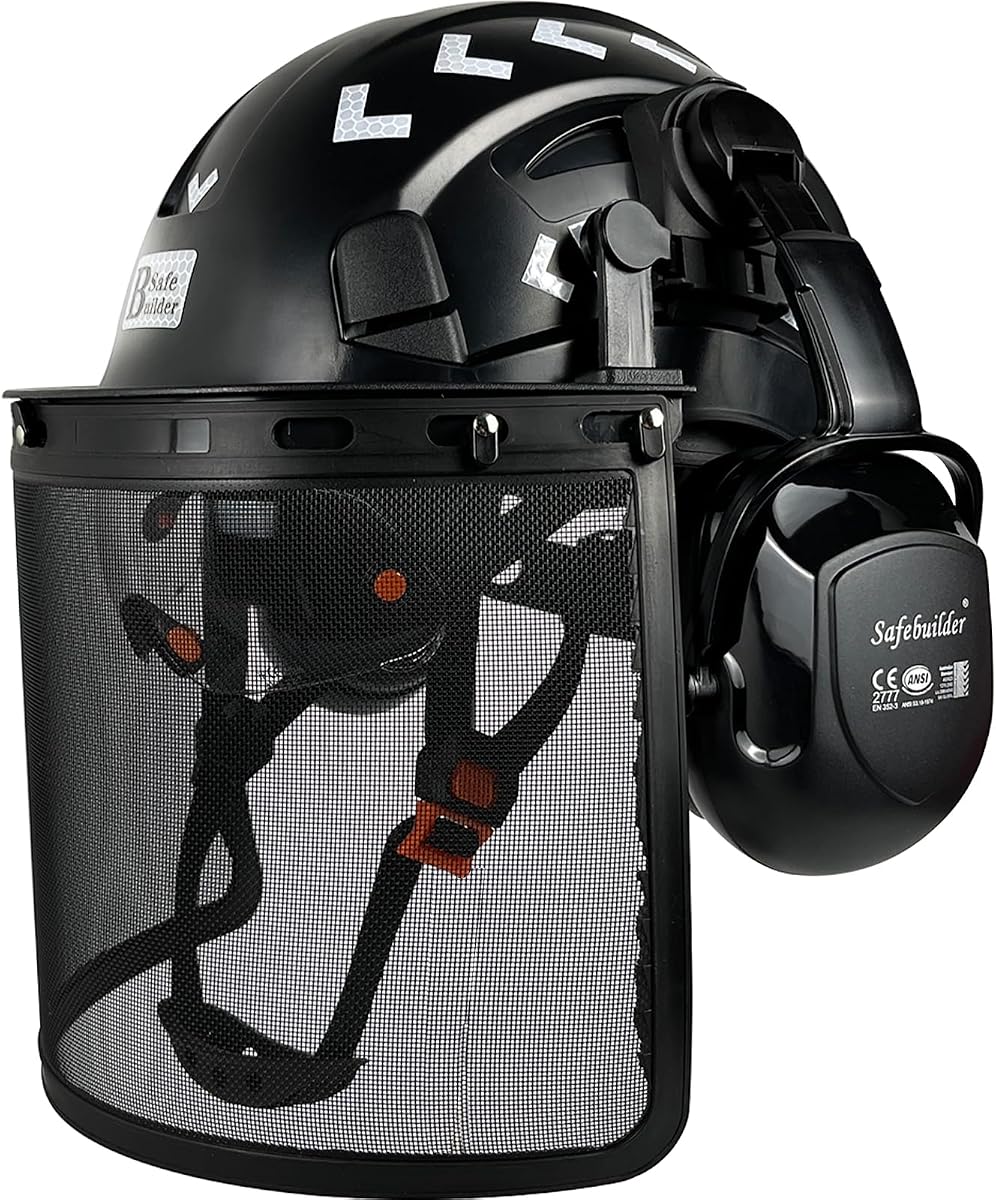 SAFEBUILDER Forestry Safety Helmet with Build-in Visor Mesh Face Shield Ear Muffs 4 in 1 Chainsaw Safety Hard Hats