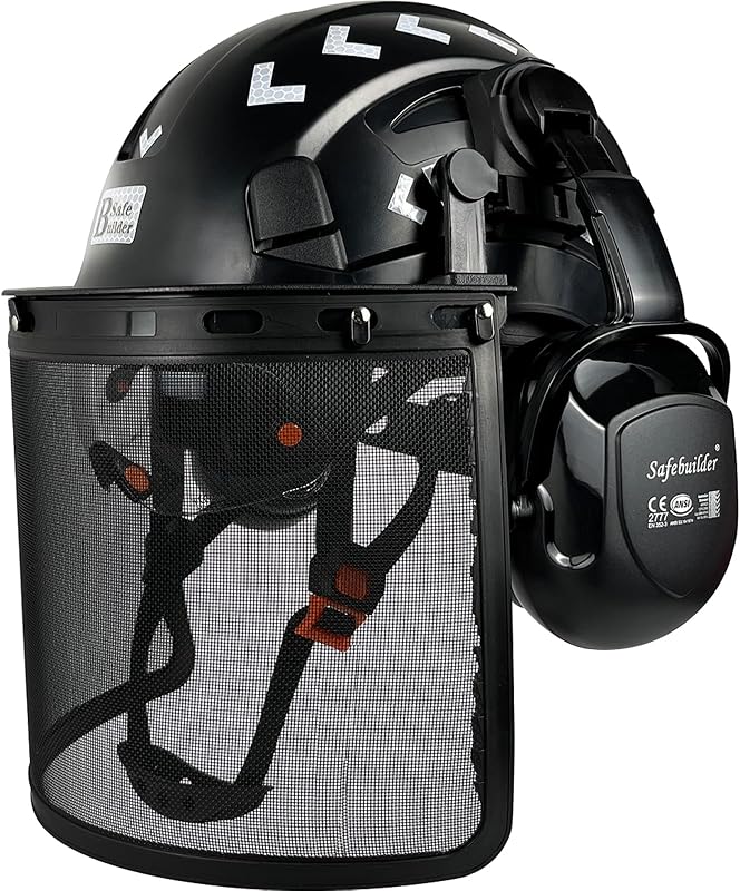 SAFEBUILDER Forestry Safety Helmet with Build-in Visor Mesh Face Shield Ear Muffs 4 in 1 Chainsaw Safety Hard Hats